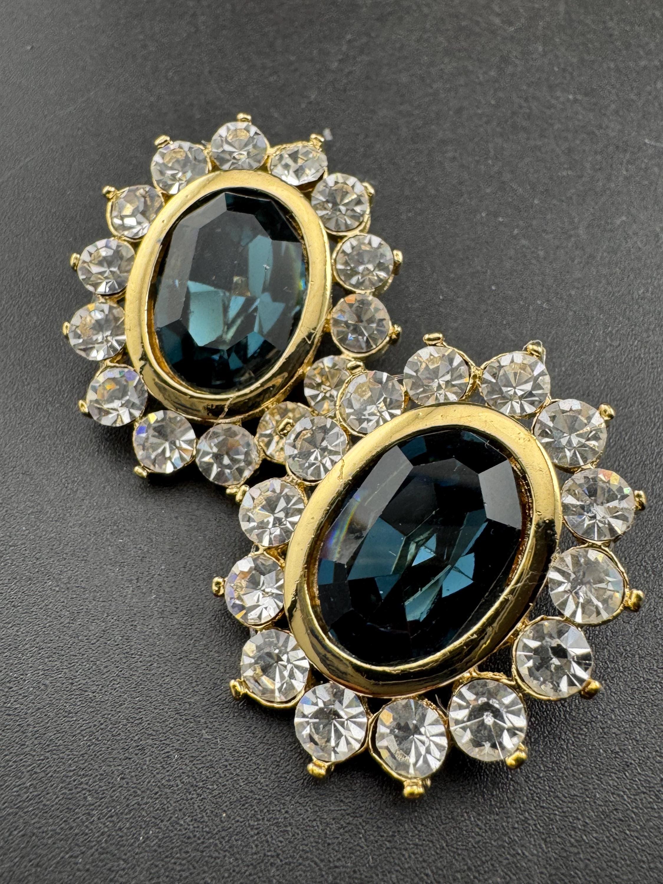 Sapphire blue oval oversized Swarovski earrings, clip on gold tone