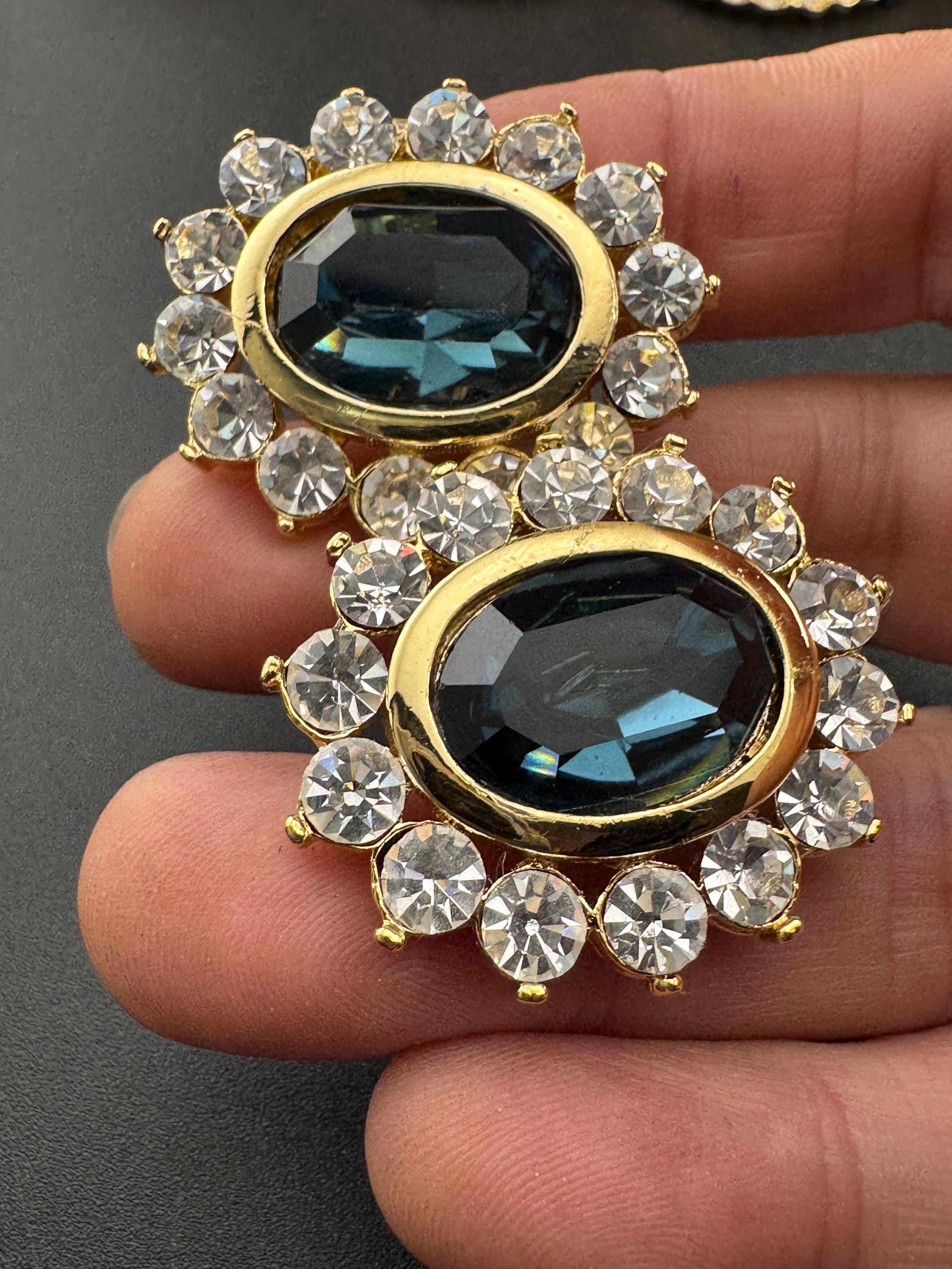 Sapphire blue oval oversized Swarovski earrings, clip on gold tone