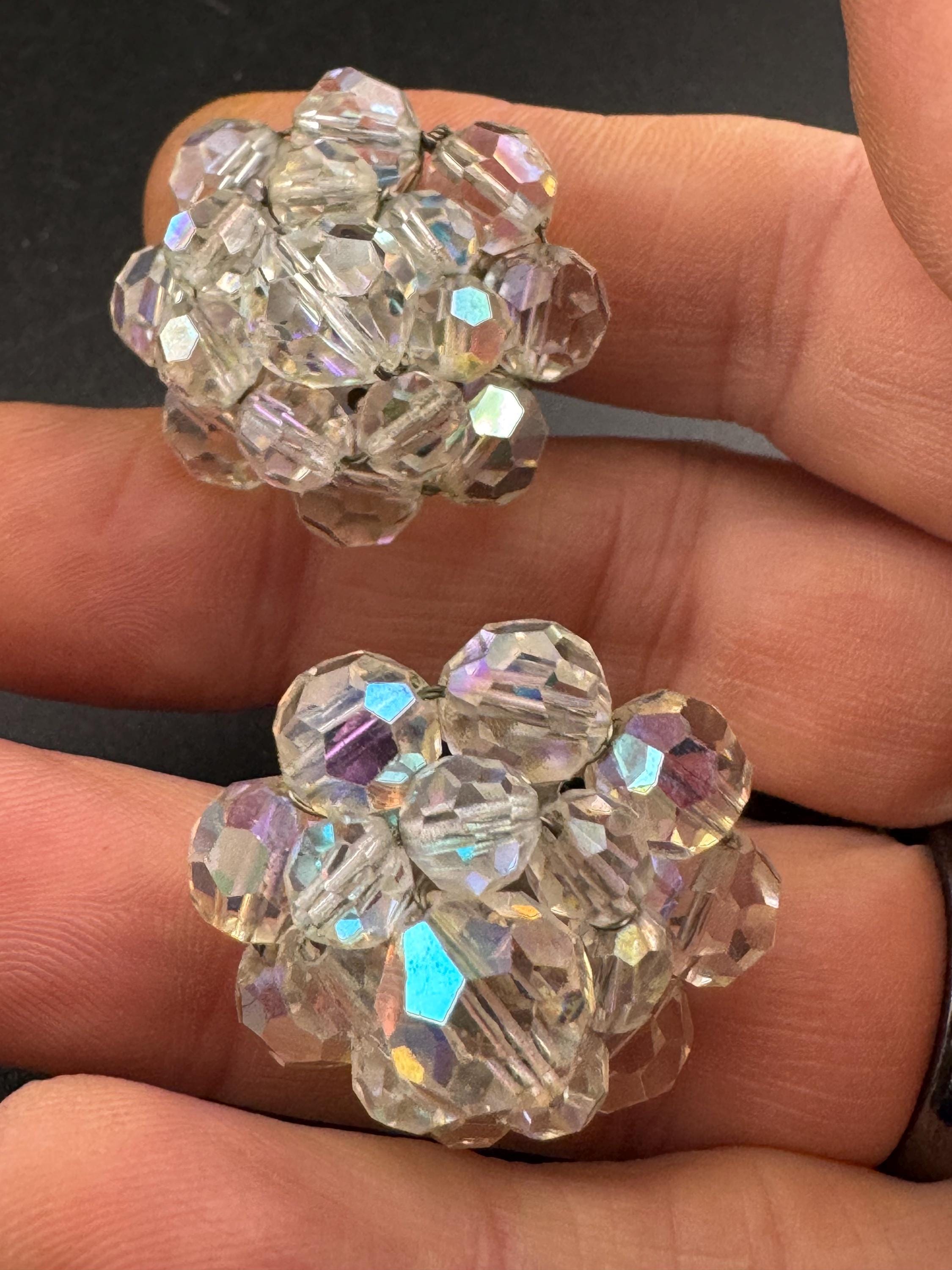Vintage 1950s clear faceted glass beaded Cluster Clip On Earrings