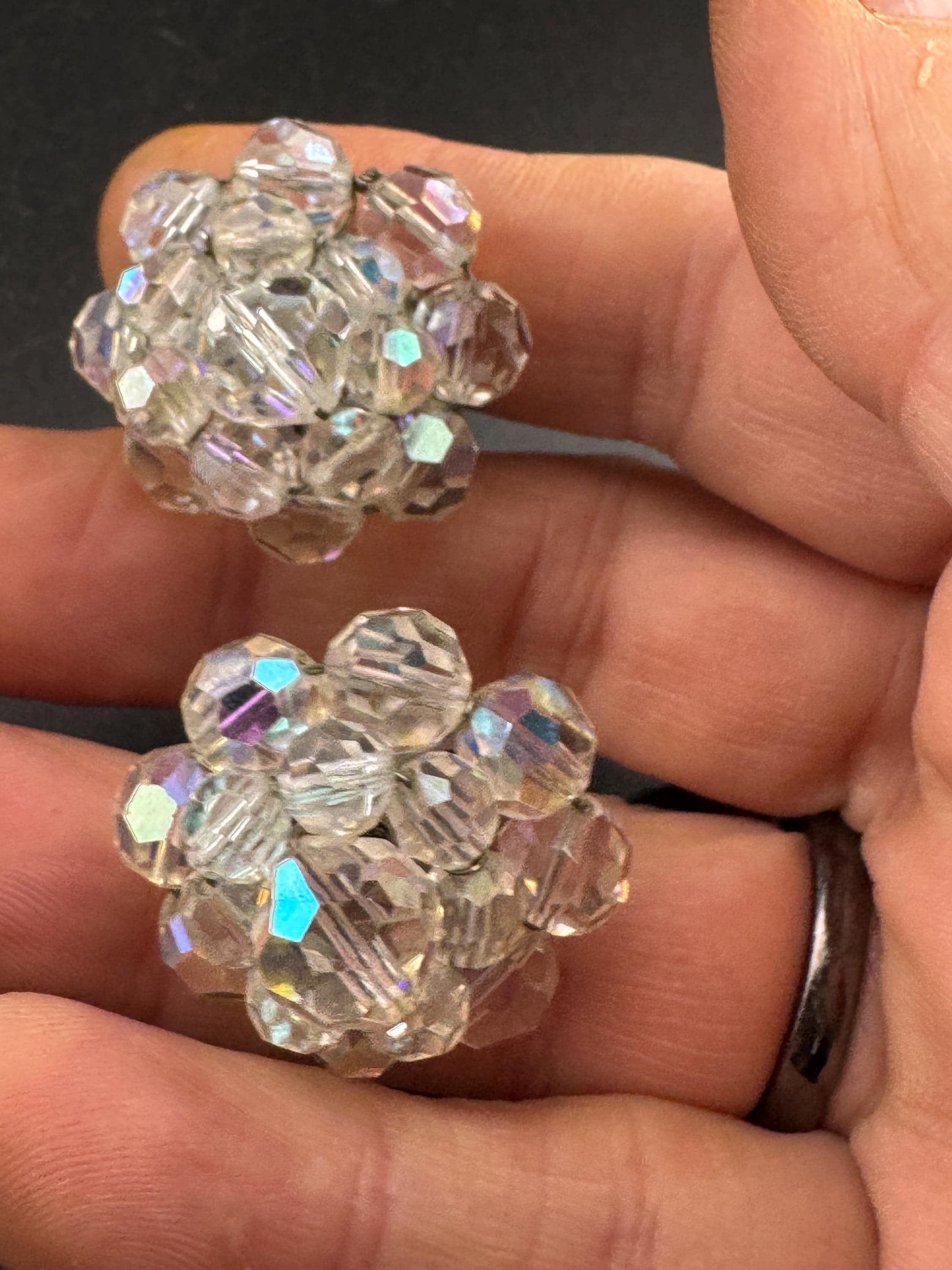 Vintage 1950s clear faceted glass beaded Cluster Clip On Earrings