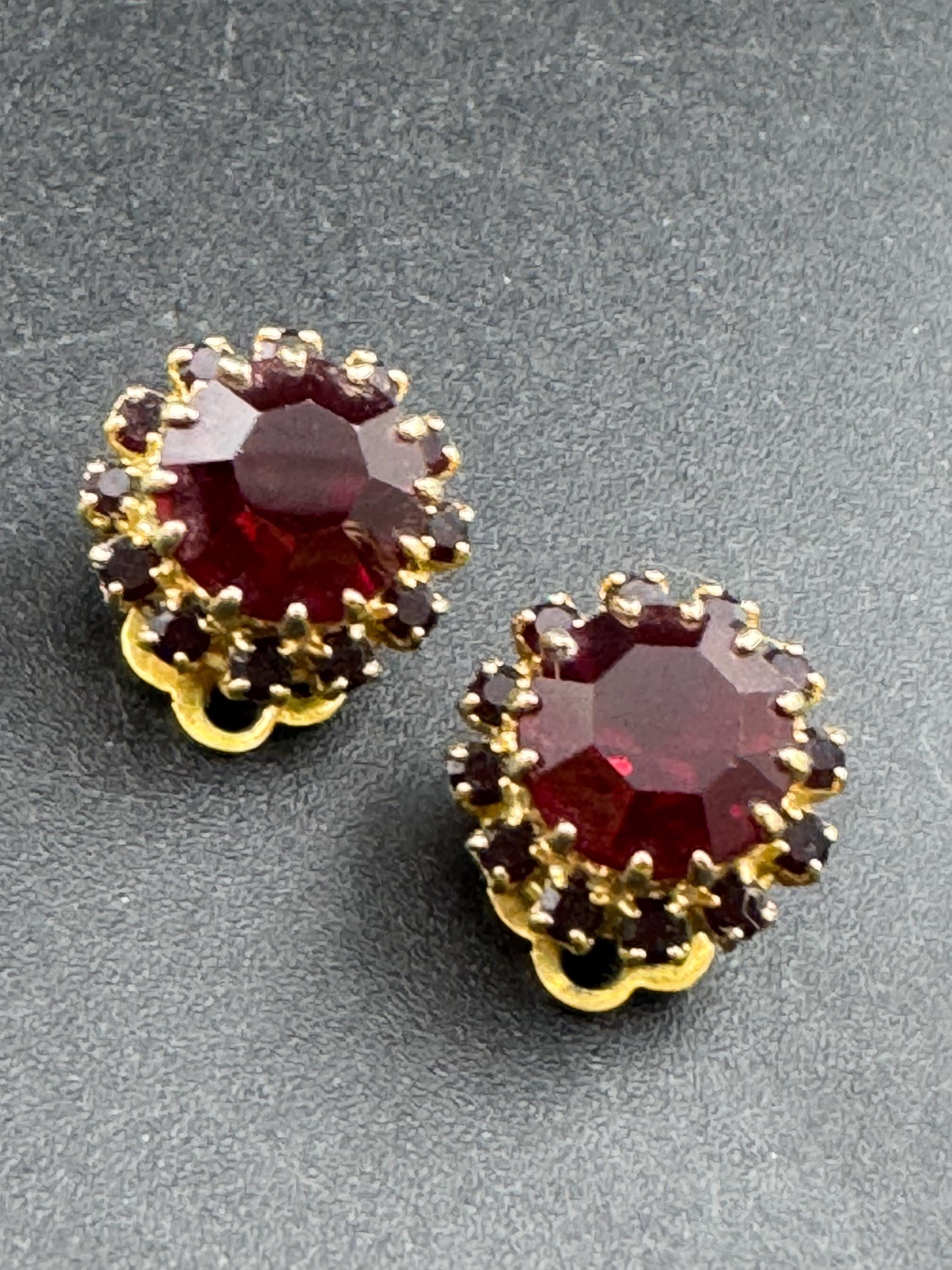 Vintage ruby diamanté glass clip on earrings, rhinestone dainty studs
