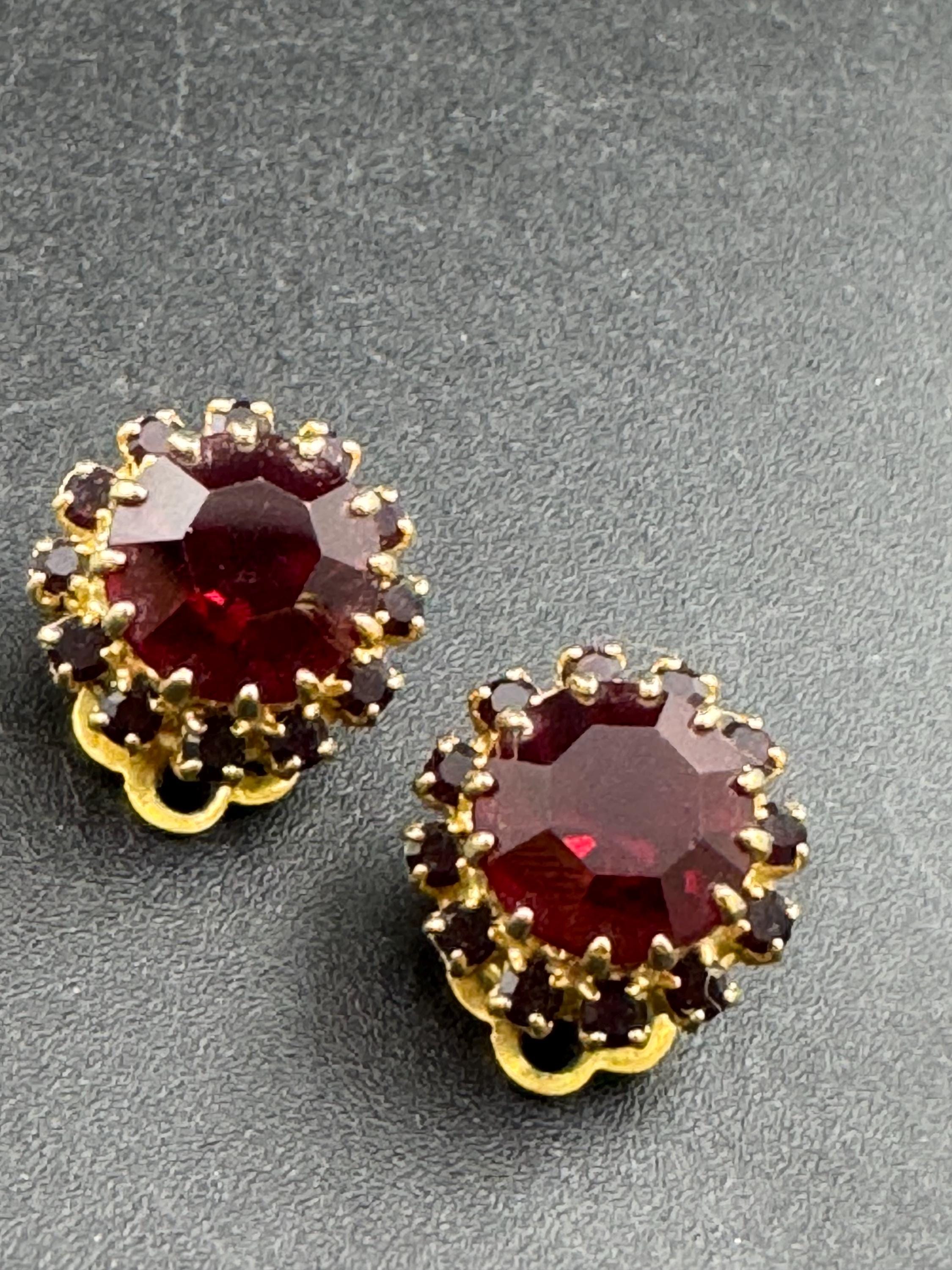 Vintage ruby diamanté glass clip on earrings, rhinestone dainty studs