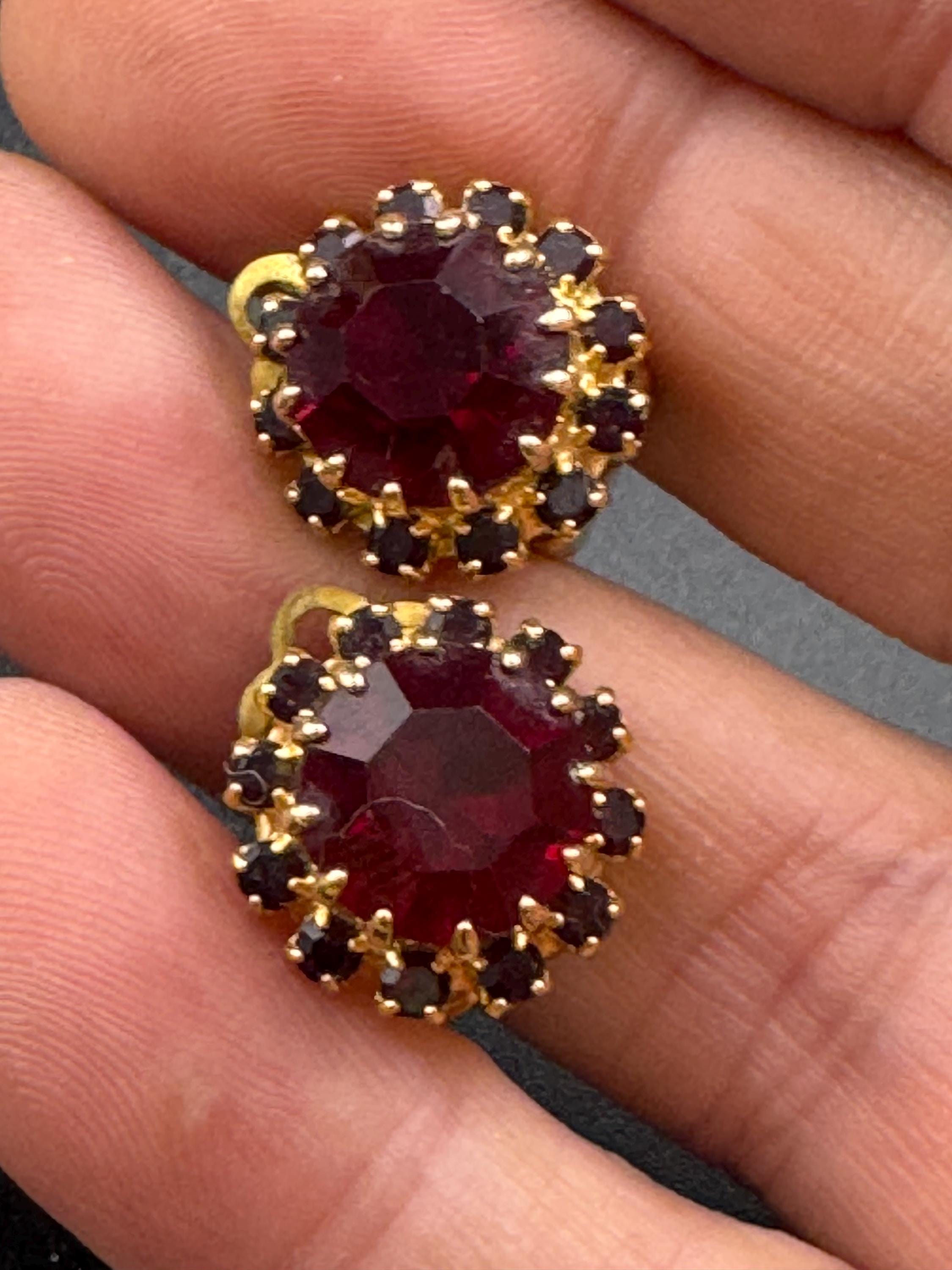 Vintage ruby diamanté glass clip on earrings, rhinestone dainty studs