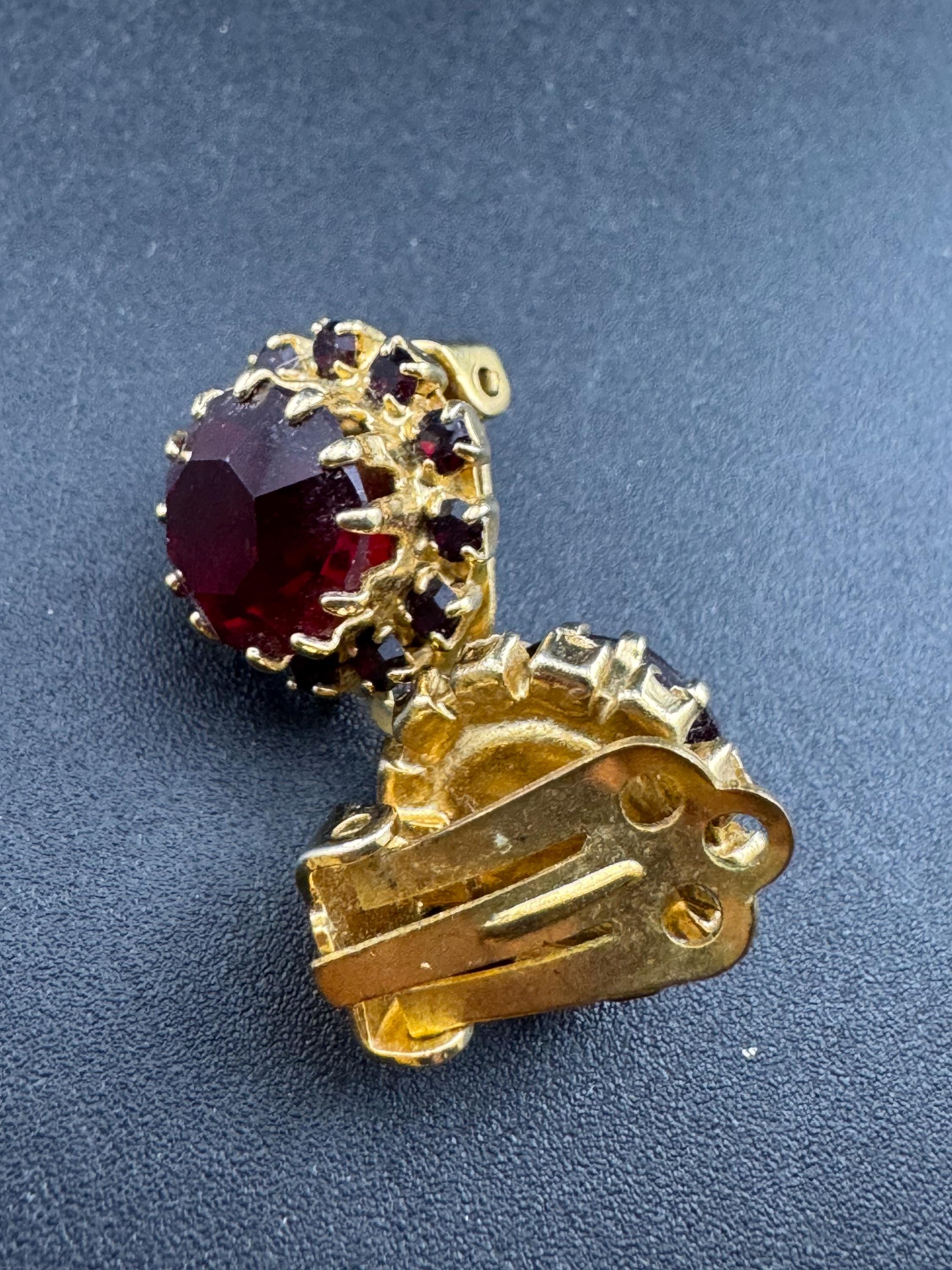 Vintage ruby diamanté glass clip on earrings, rhinestone dainty studs