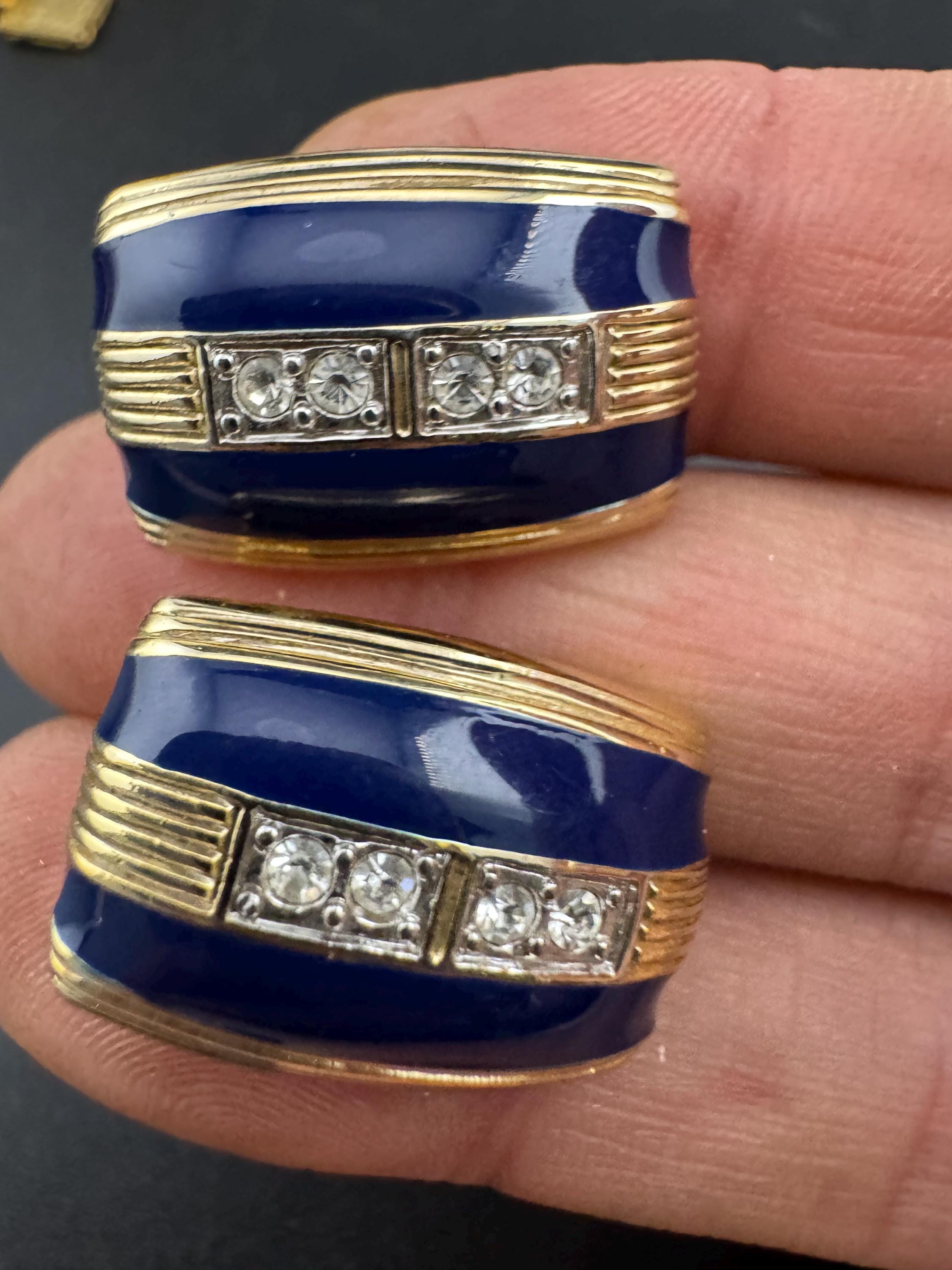 Diamanté navy blue enamel Clip On Earrings, vintage studs