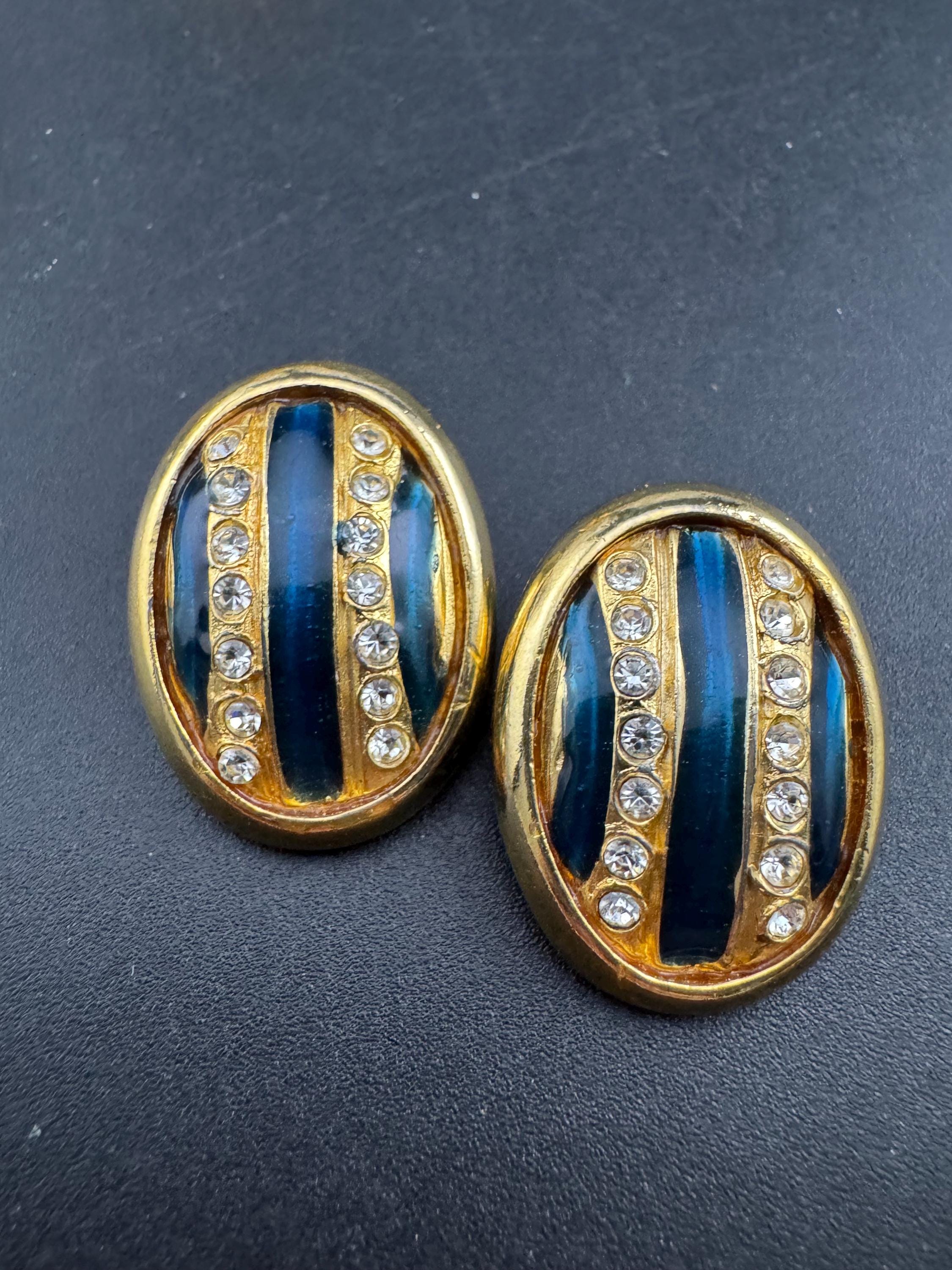 Diamanté navy blue enamel oval Clip On Earrings, vintage studs