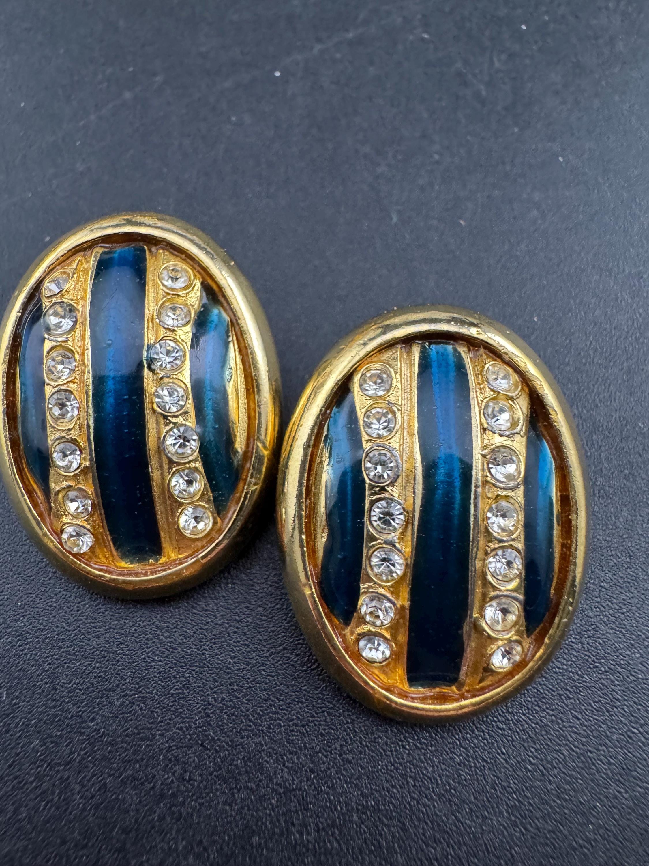 Diamanté navy blue enamel oval Clip On Earrings, vintage studs