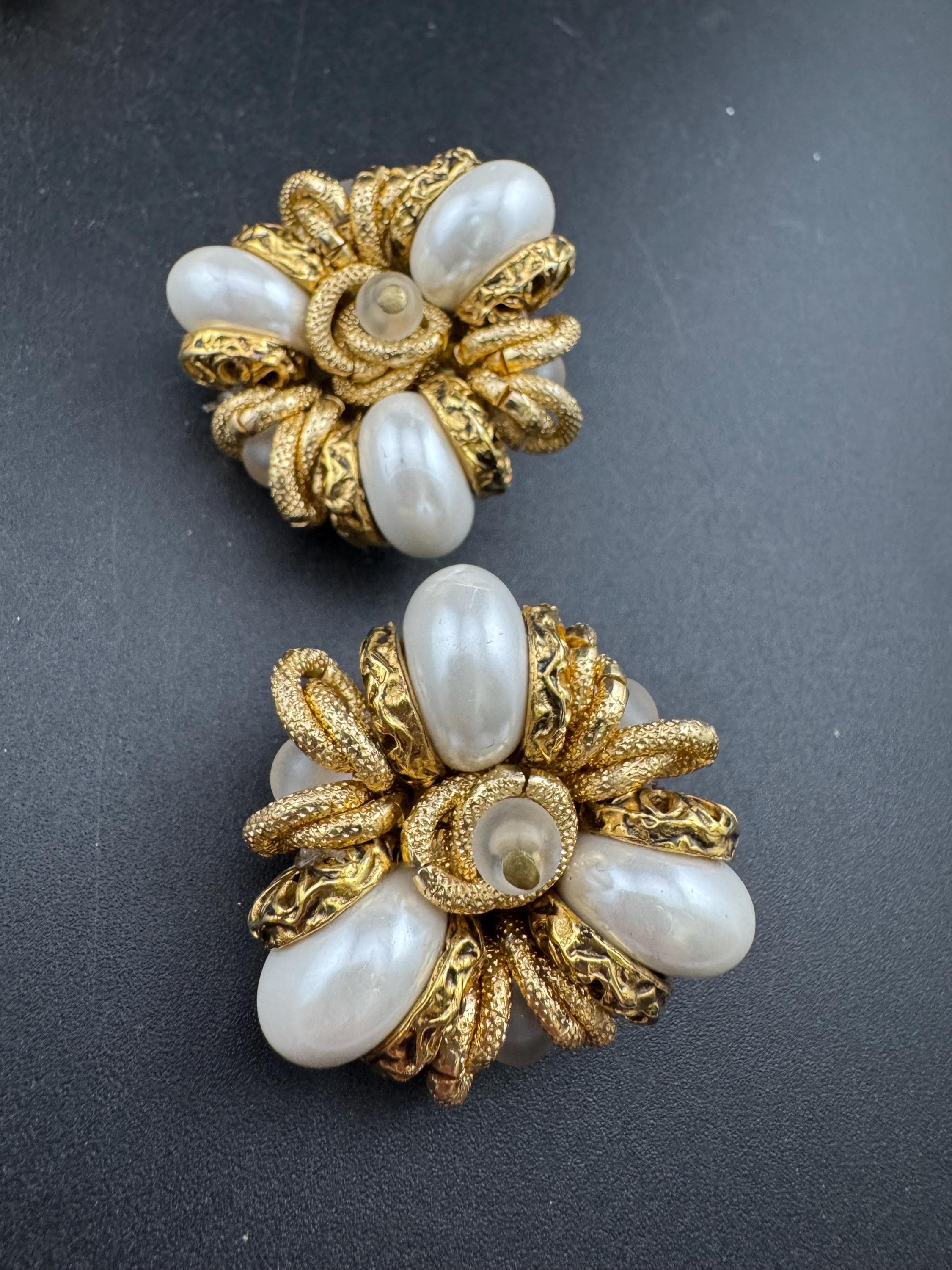 oversized cluster faux Pearl gold beaded Clip on Earrings, 3.5cm designer style