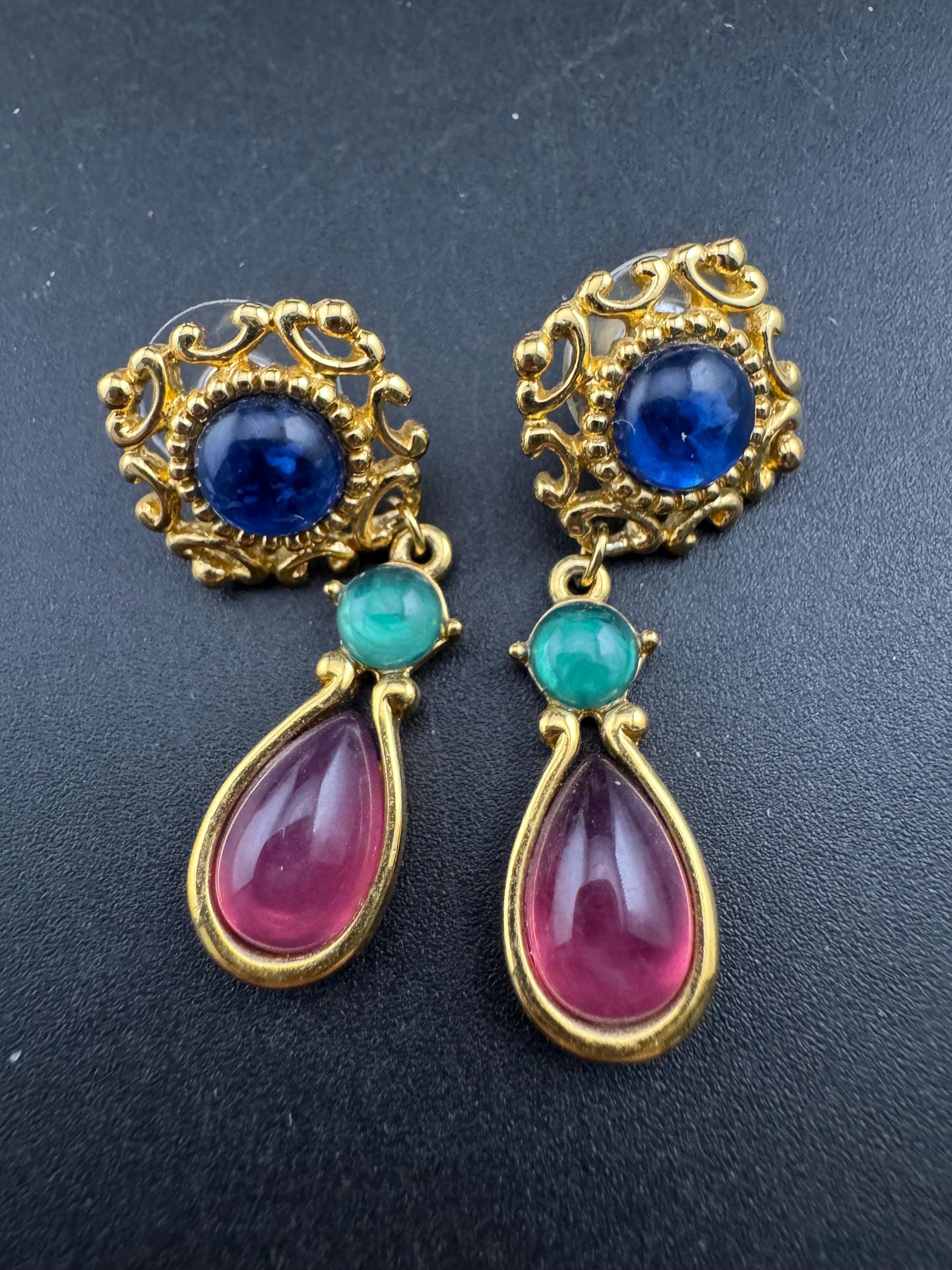 Vintage blue Red Green Cabochon pierced dangly Earrings: Gold Tone Dangle, 1990s