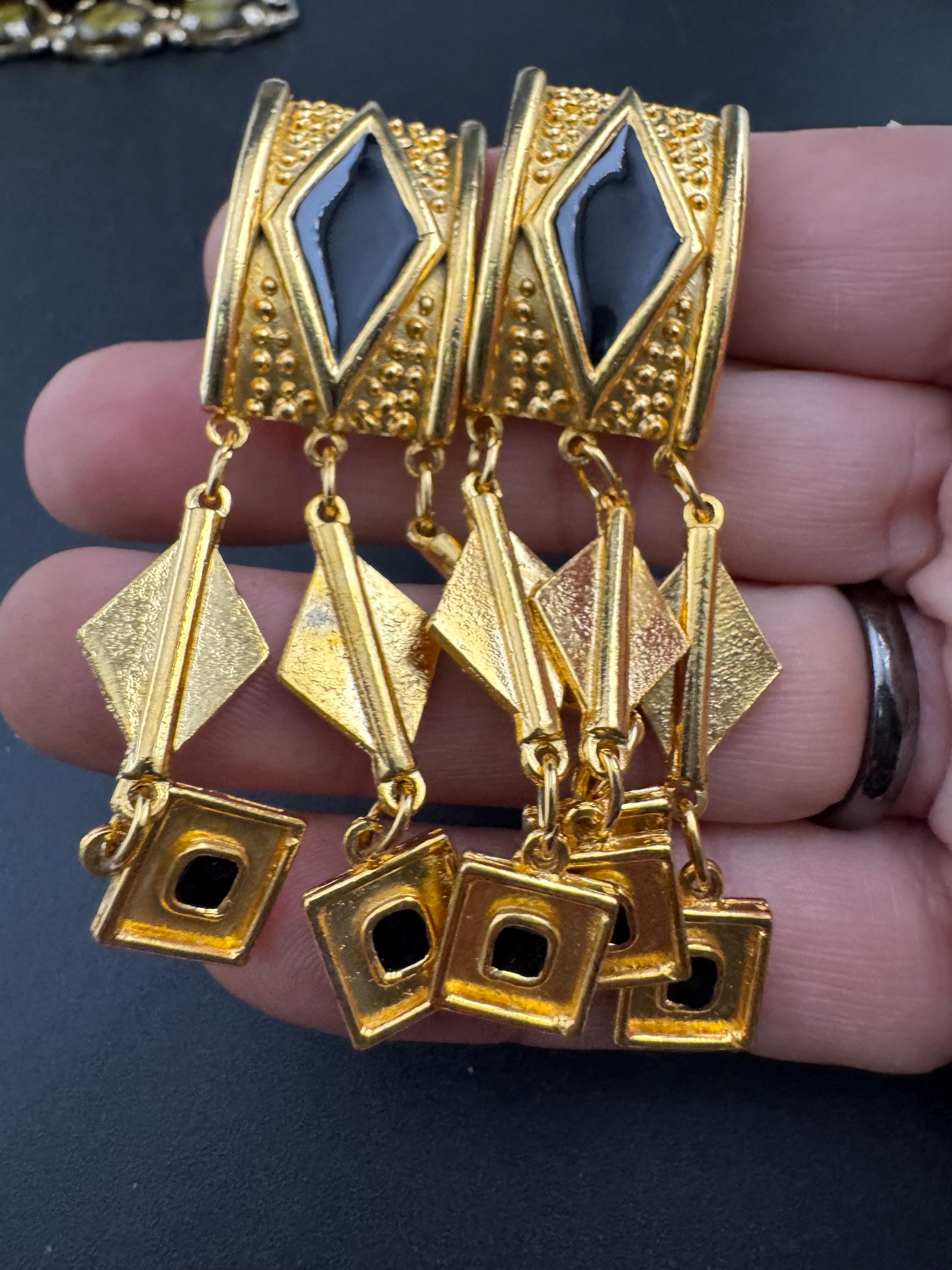 Retro Black and gold geometric dangly clip on earrings, 7cm long