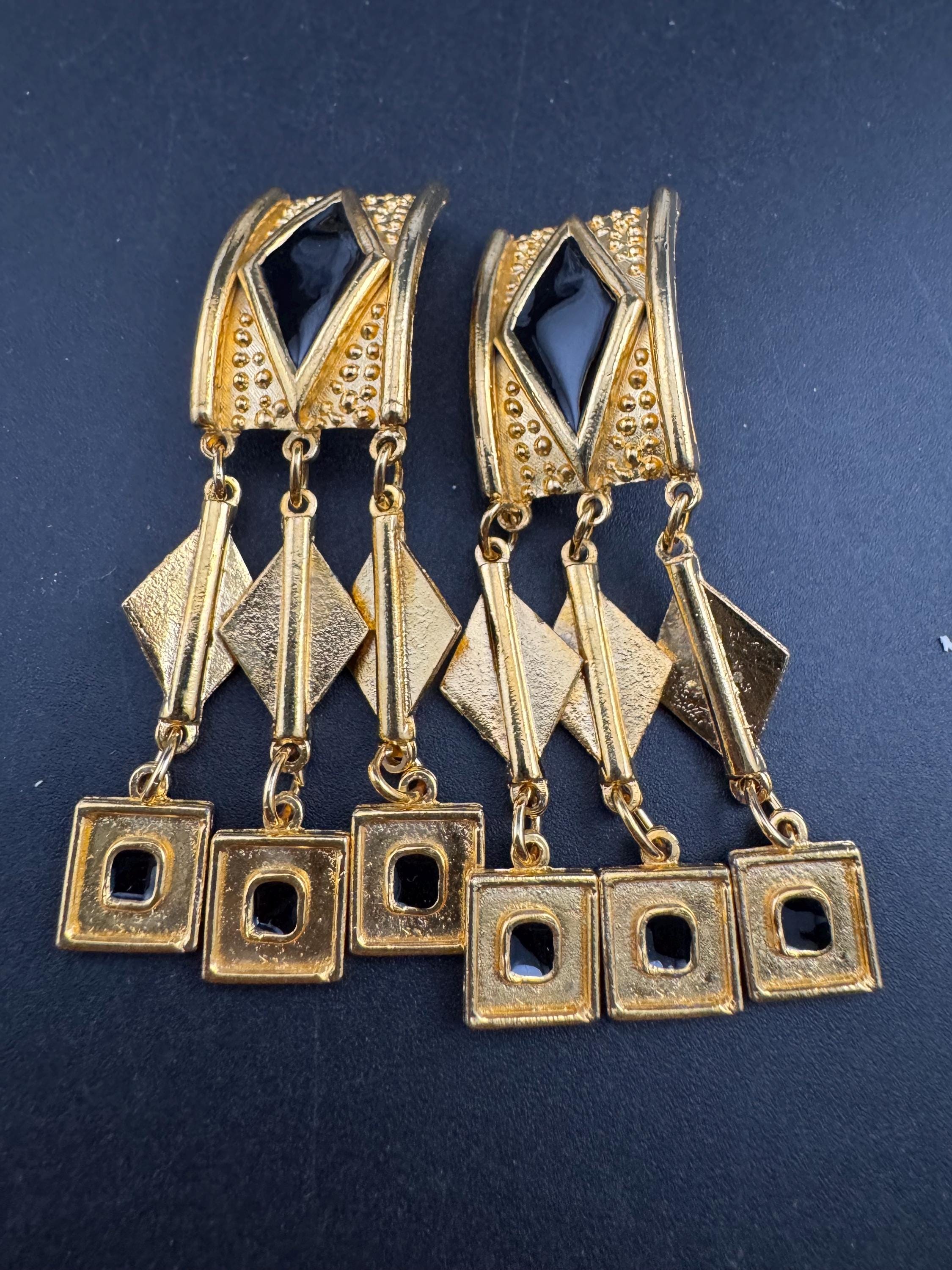 Retro Black and gold geometric dangly clip on earrings, 7cm long
