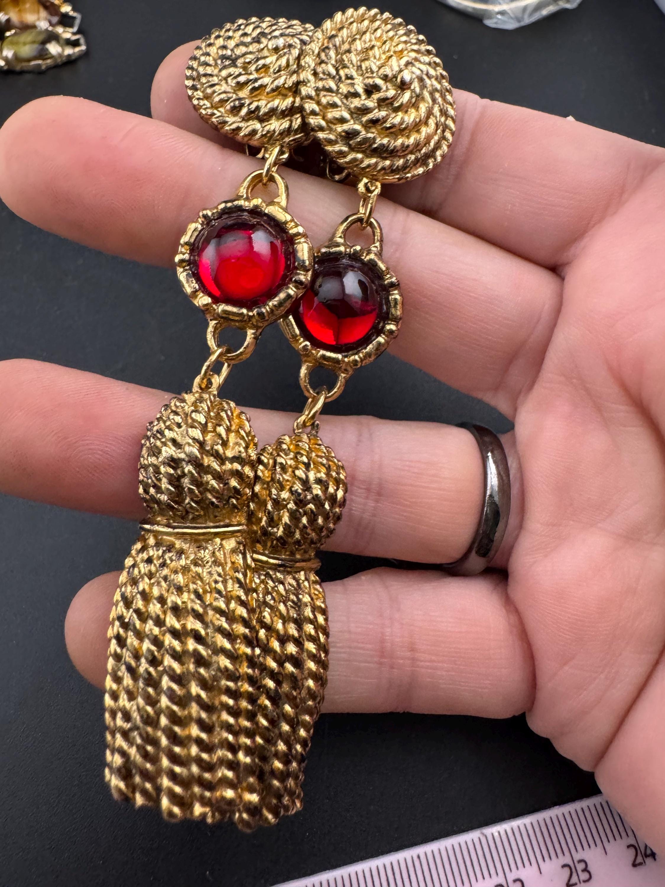 Vintage Ruby cabochon and gold tassel dangly clip on earrings, 9cm long