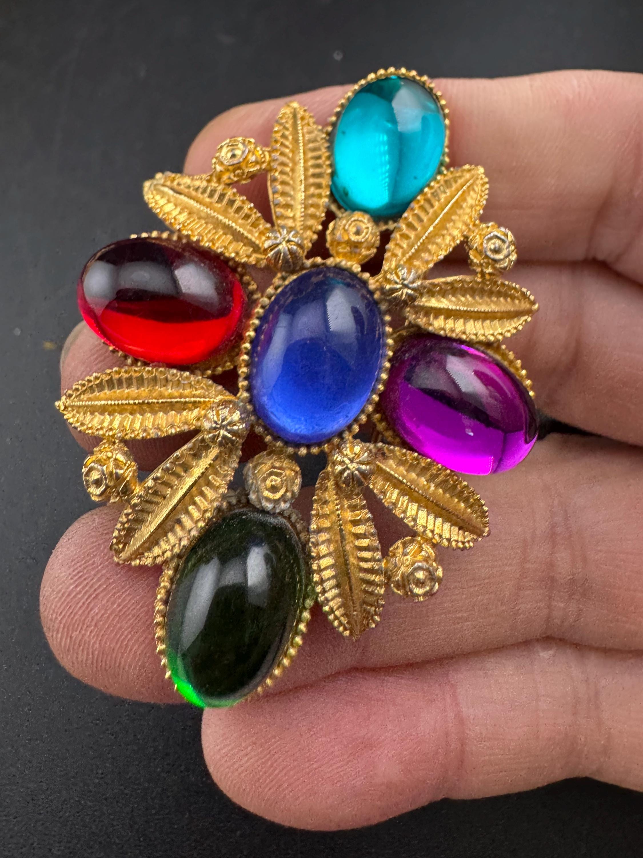 Vintage Oversized Gold Tone Brooch, Red Blue & Green purple Cabochon