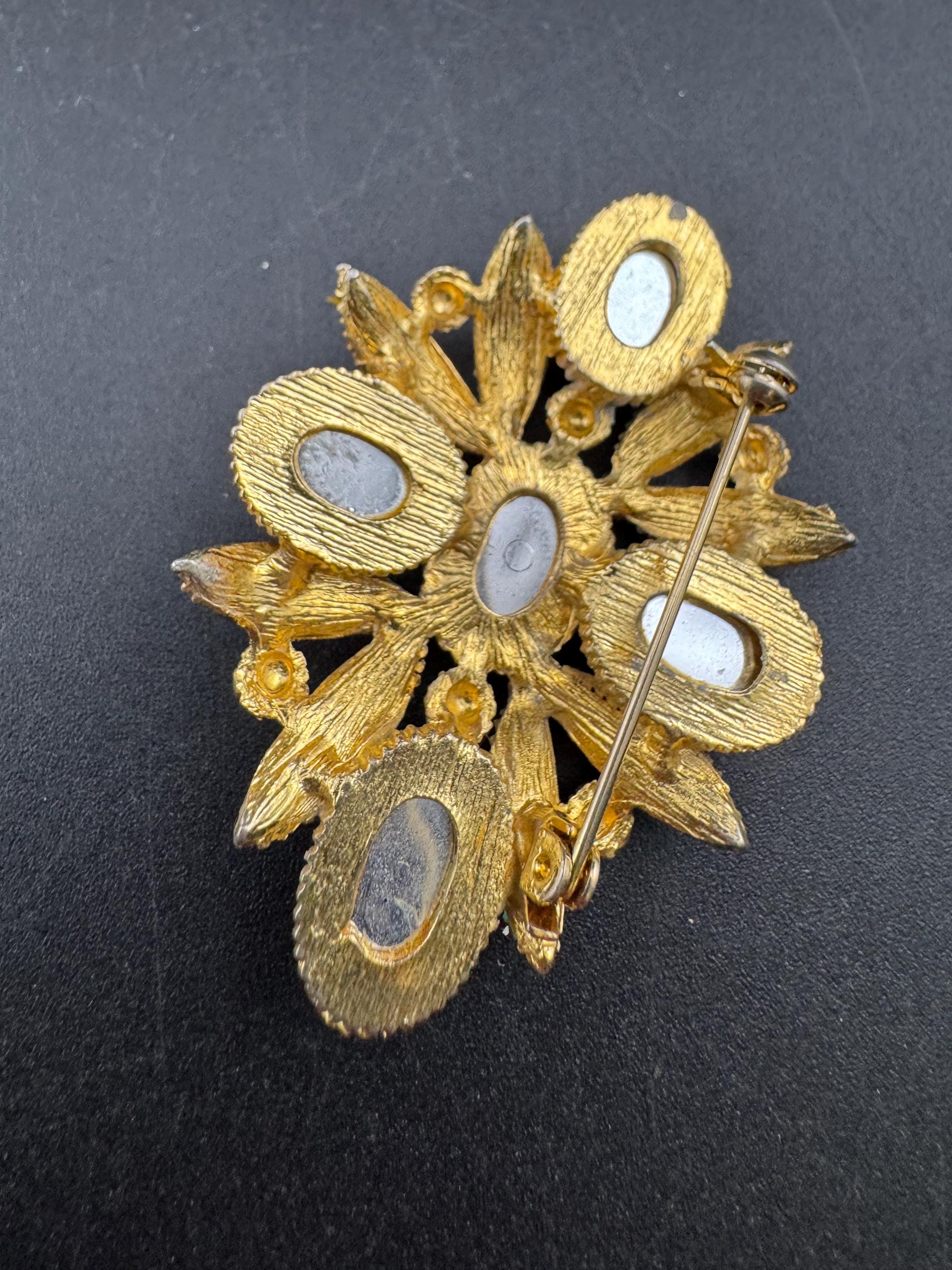 Vintage Oversized Gold Tone Brooch, Red Blue & Green purple Cabochon