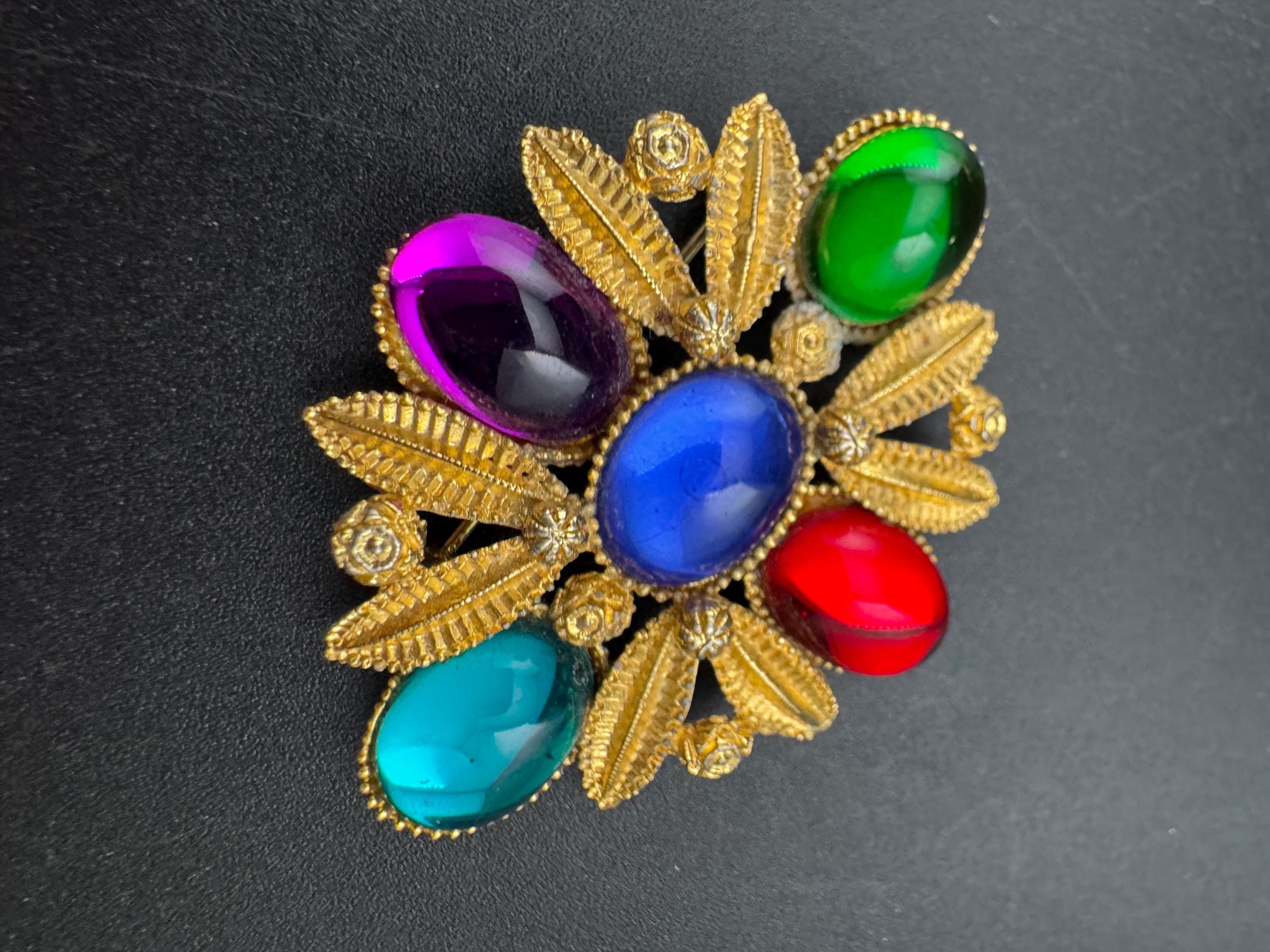 Vintage Oversized Gold Tone Brooch, Red Blue & Green purple Cabochon
