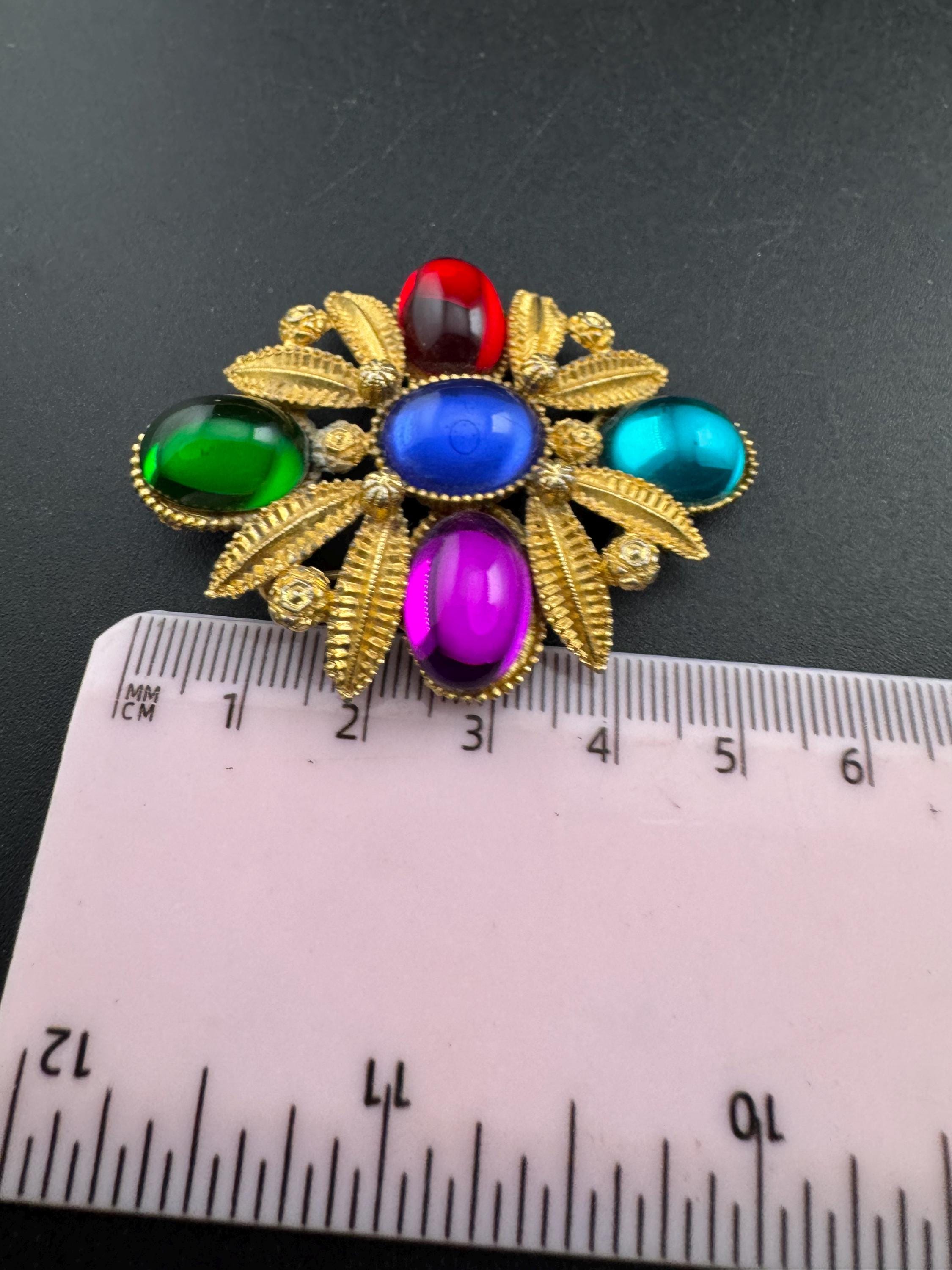 Vintage Oversized Gold Tone Brooch, Red Blue & Green purple Cabochon