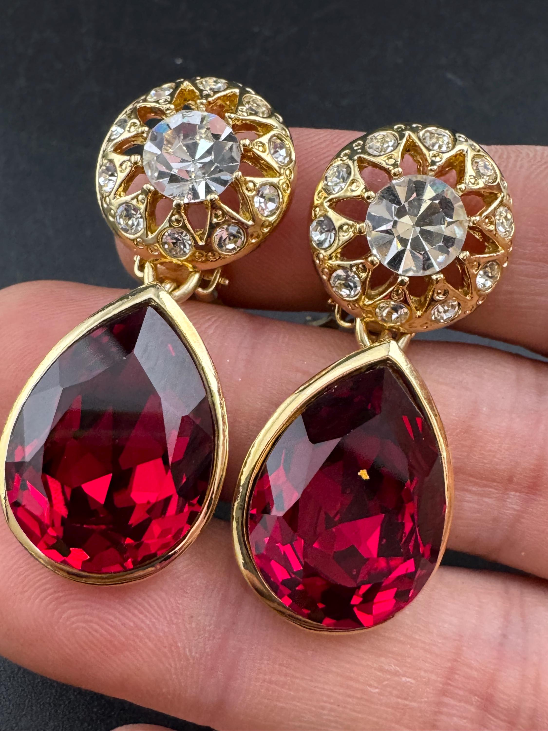 Red ruby teardrop Crystal clip on dangly Earrings: Swarovski, Gold Tone, 1980s Stock