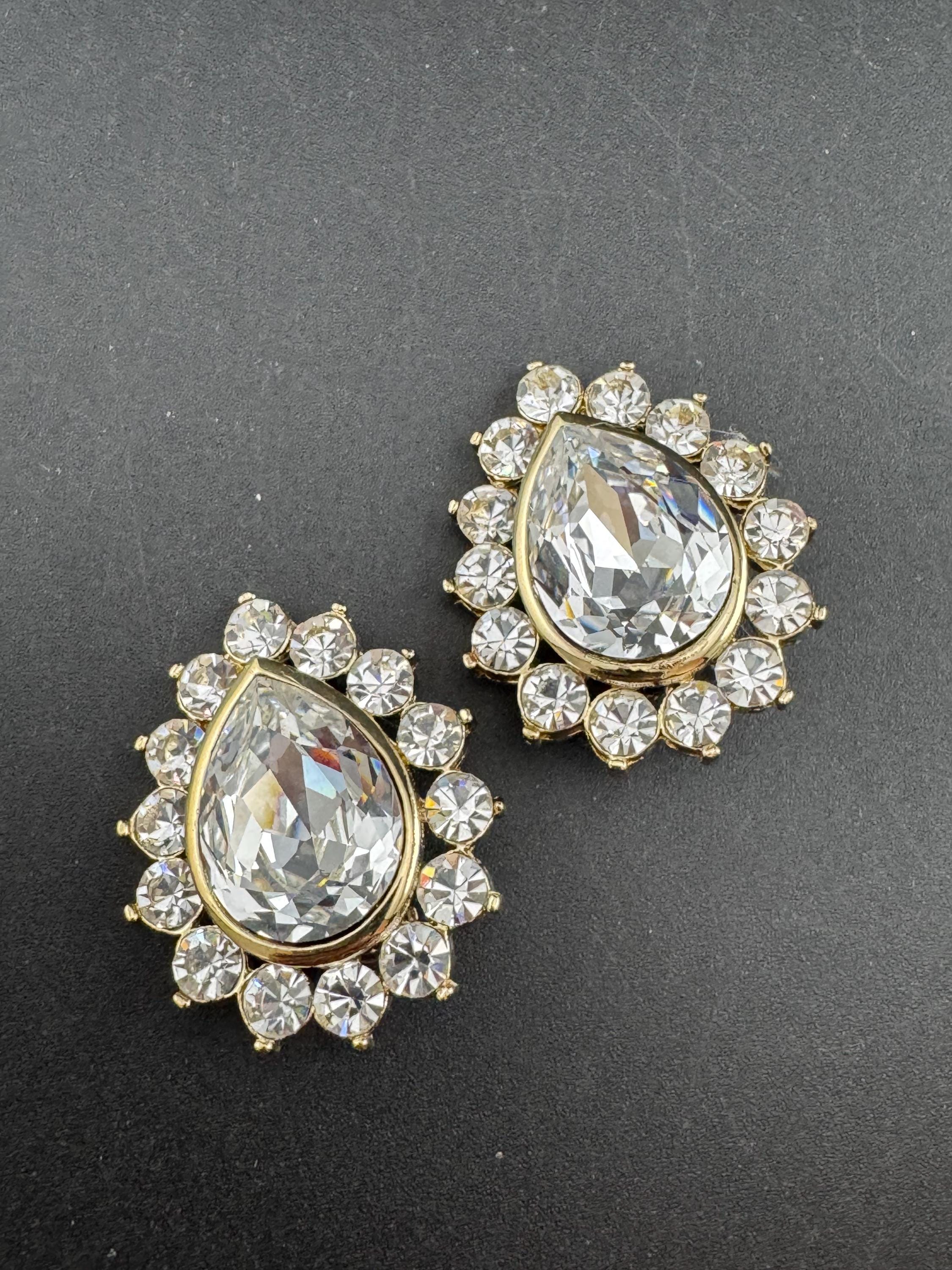 vintage clear Swarovski crystal teardrop earrings 1980s, gold tone