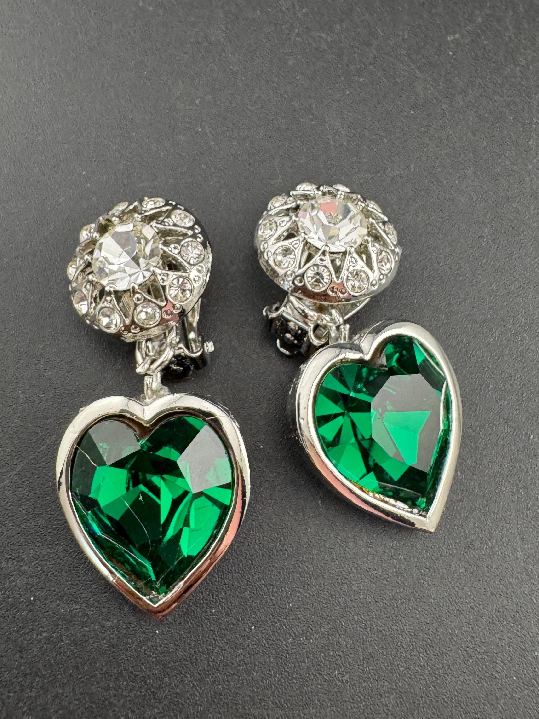 vintage emerald green Swarovski crystal love heart drop earrings, silver tone
