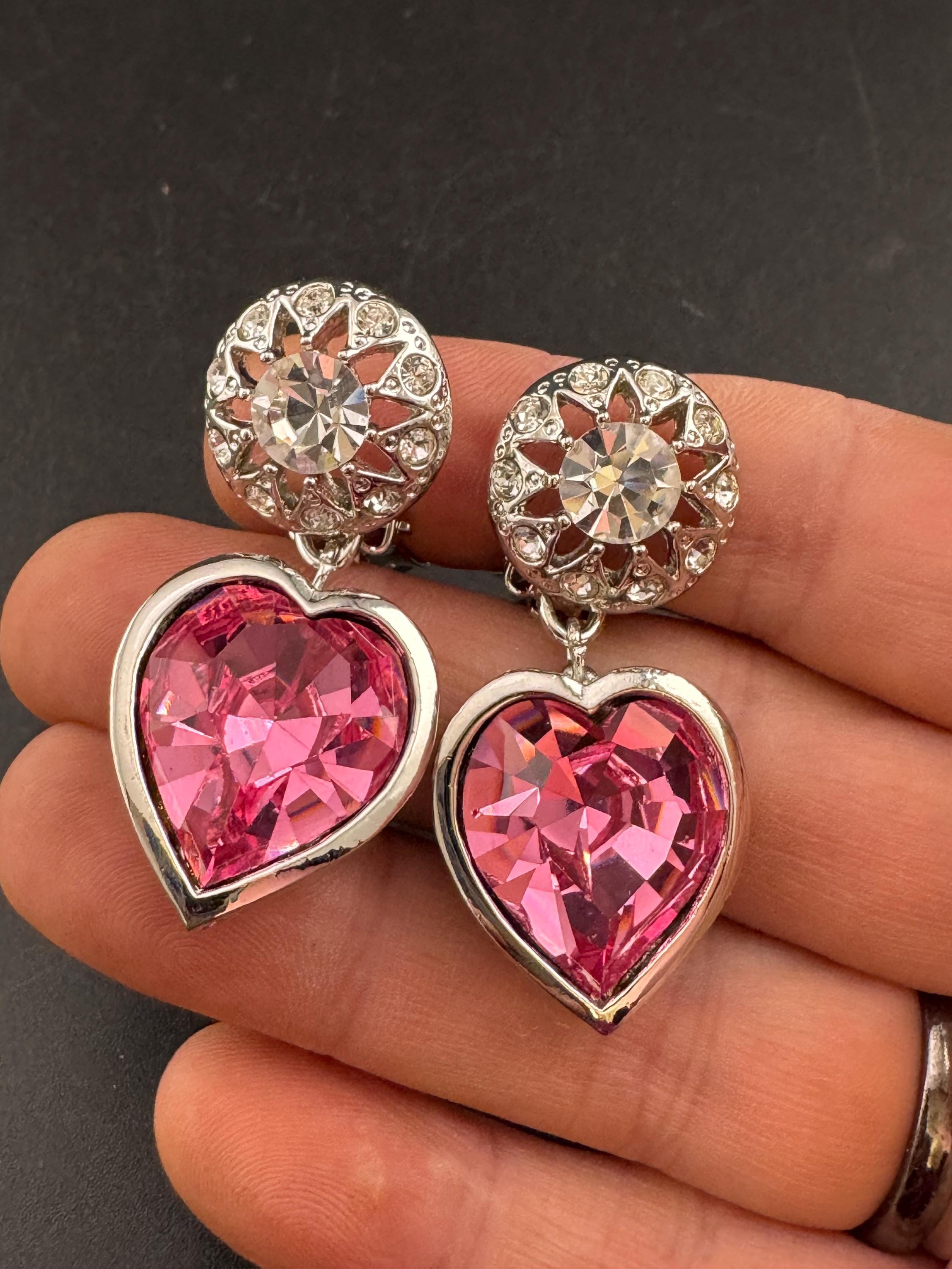 vintage pink Swarovski crystal love heart drop earrings, silver tone