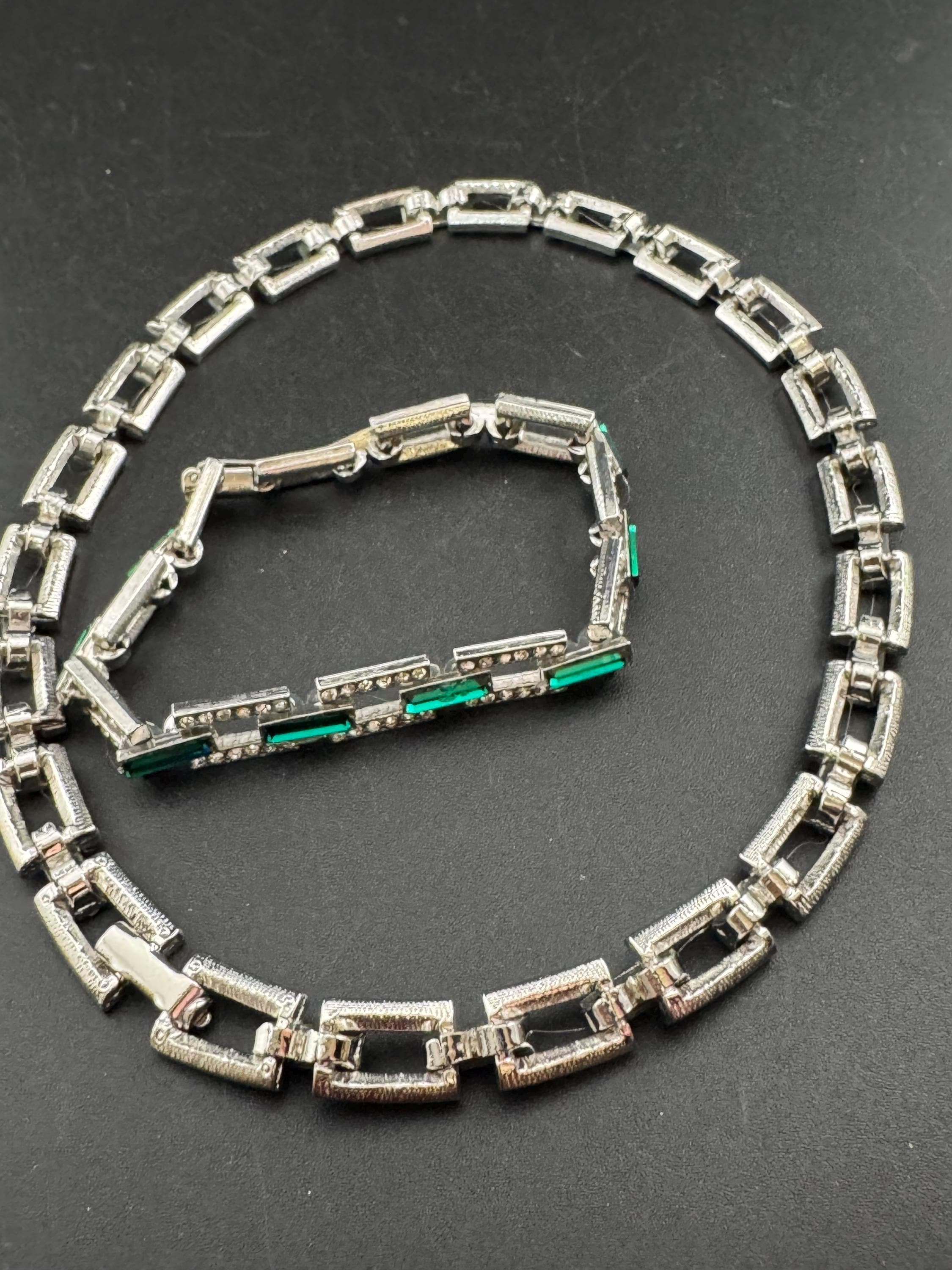 Vintage emerald Swarovski baguette crystal necklace and bracelet, green jewellery set silver tone