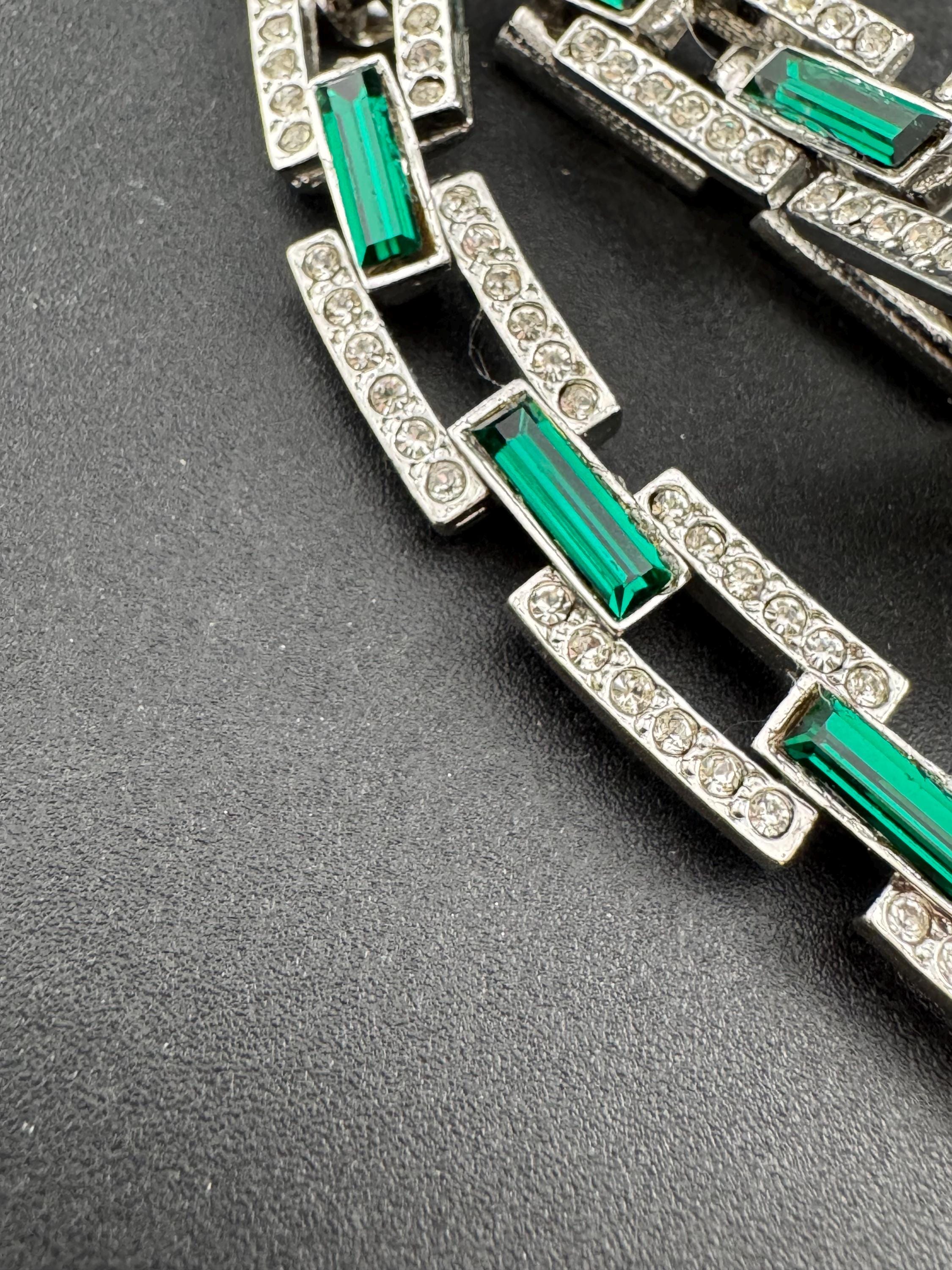 Vintage emerald Swarovski baguette crystal necklace and bracelet, green jewellery set silver tone