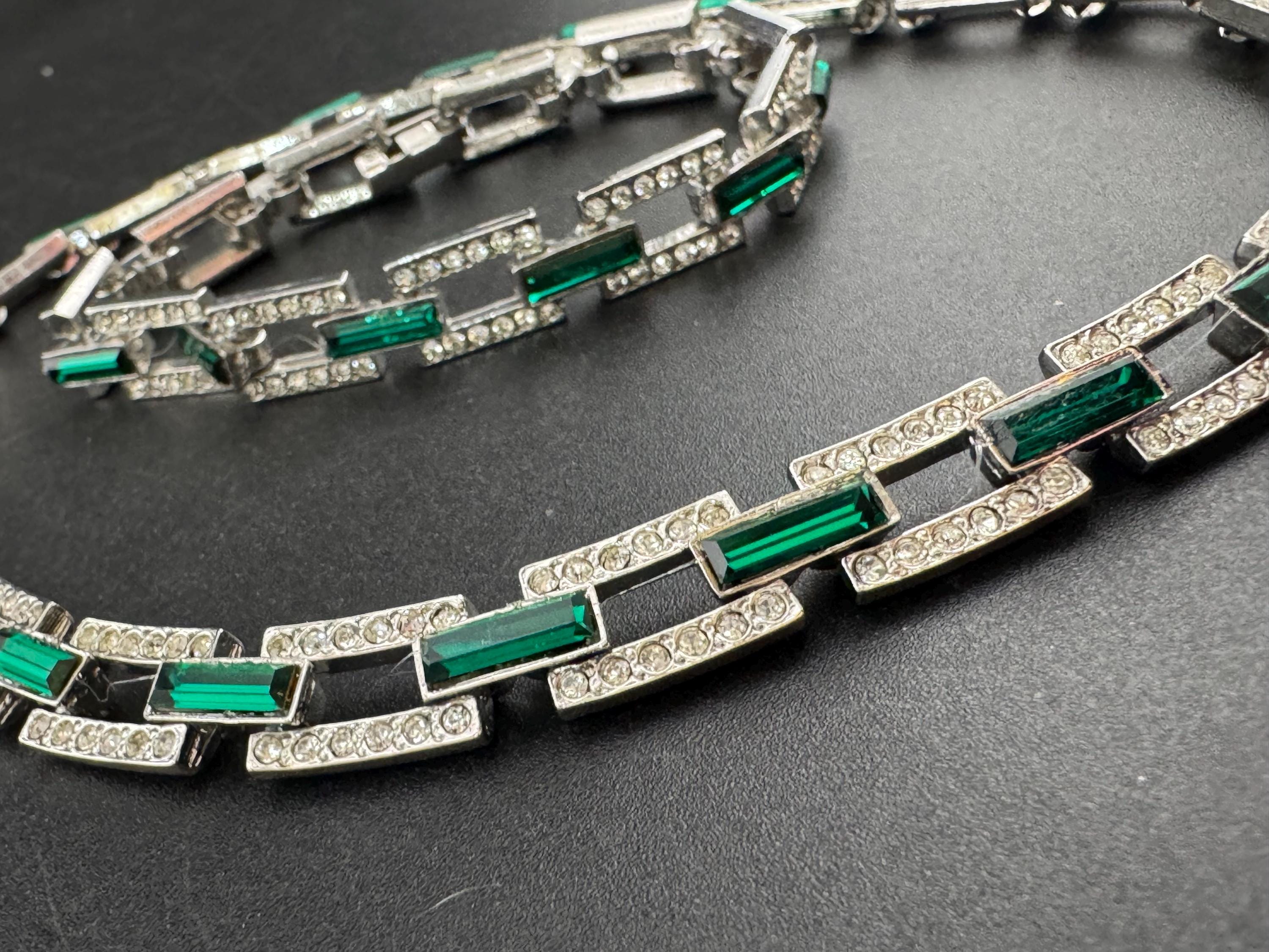 Vintage emerald Swarovski baguette crystal necklace and bracelet, green jewellery set silver tone