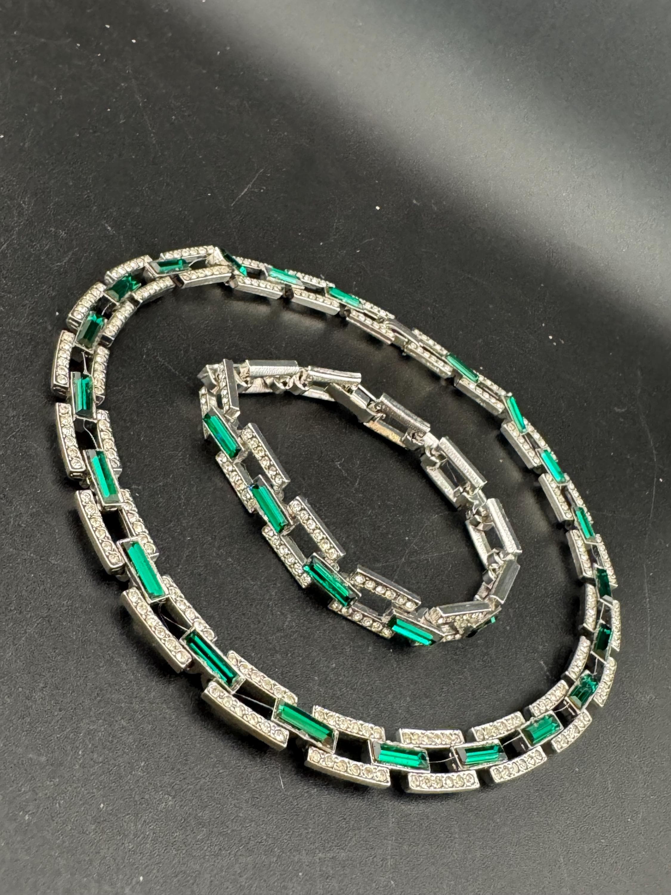 Vintage emerald Swarovski baguette crystal necklace and bracelet, green jewellery set silver tone