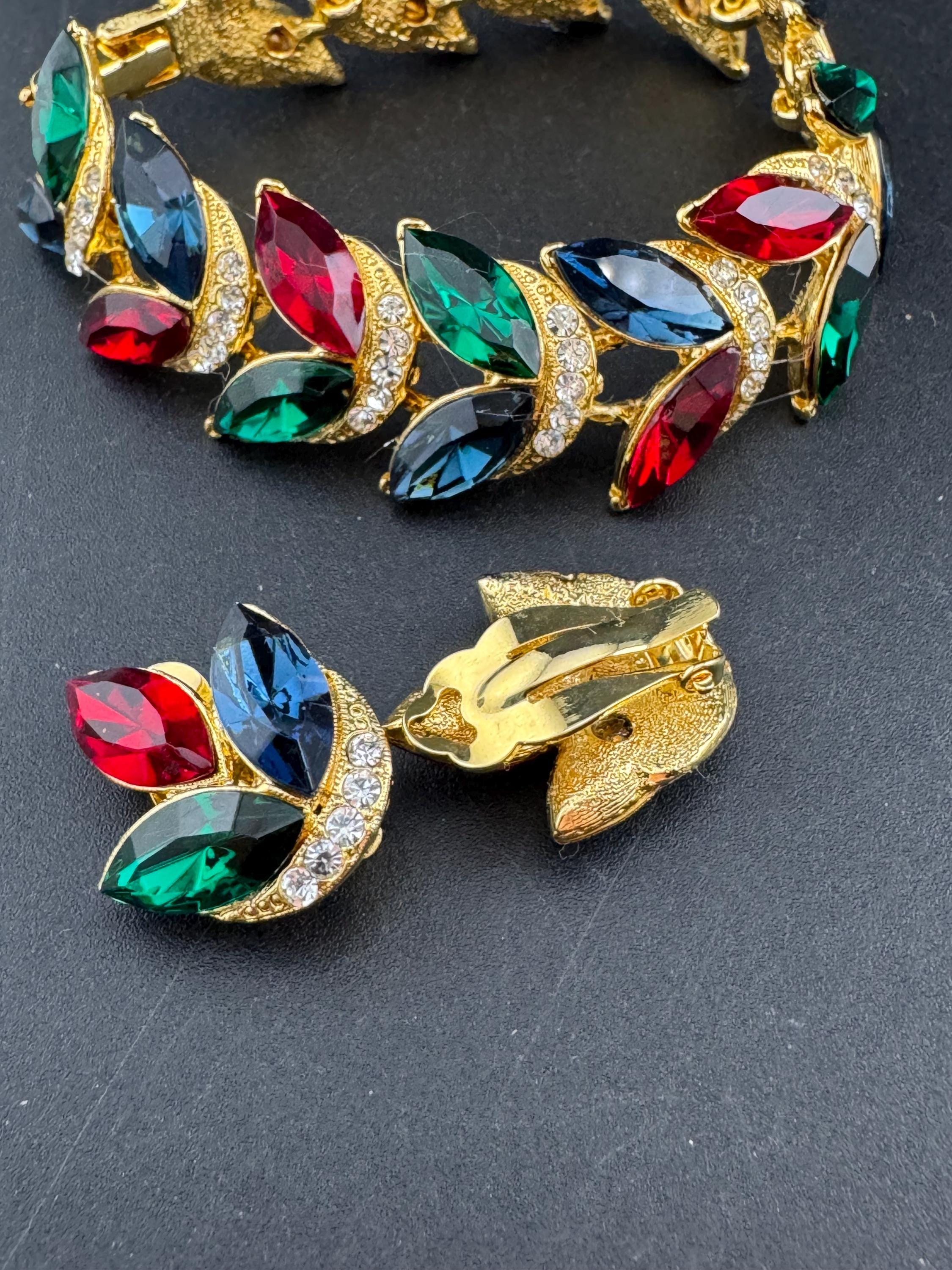 Vintage Swarovski Crystal Jewelry Set: Gold Tone Leaf Bracelet and Clip Earrings