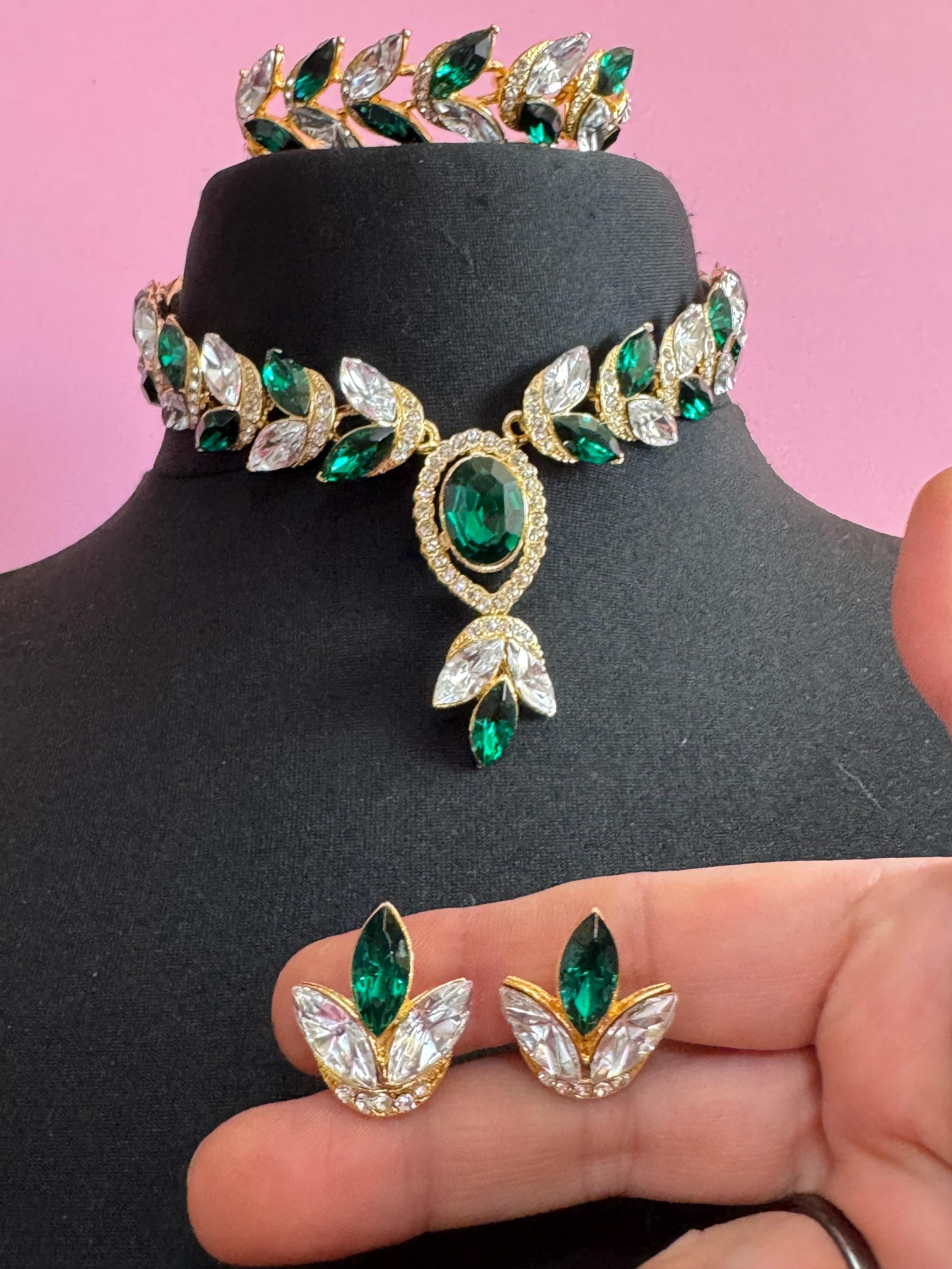 Vintage Emerald Swarovski Crystal Jewellery Set, Gold Plated Necklace, Bracelet, Earrings
