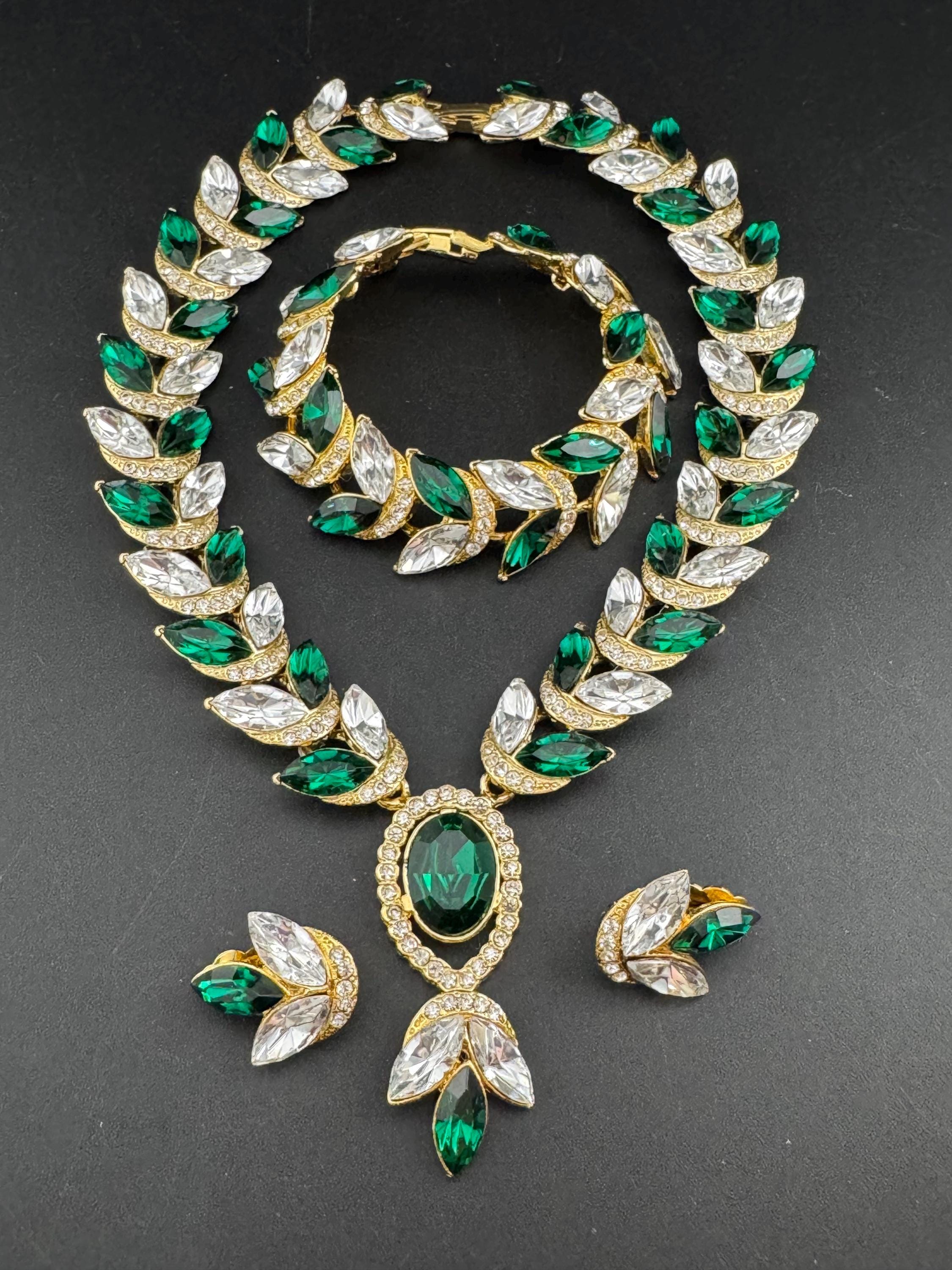 Vintage Emerald Swarovski Crystal Jewellery Set, Gold Plated Necklace, Bracelet, Earrings
