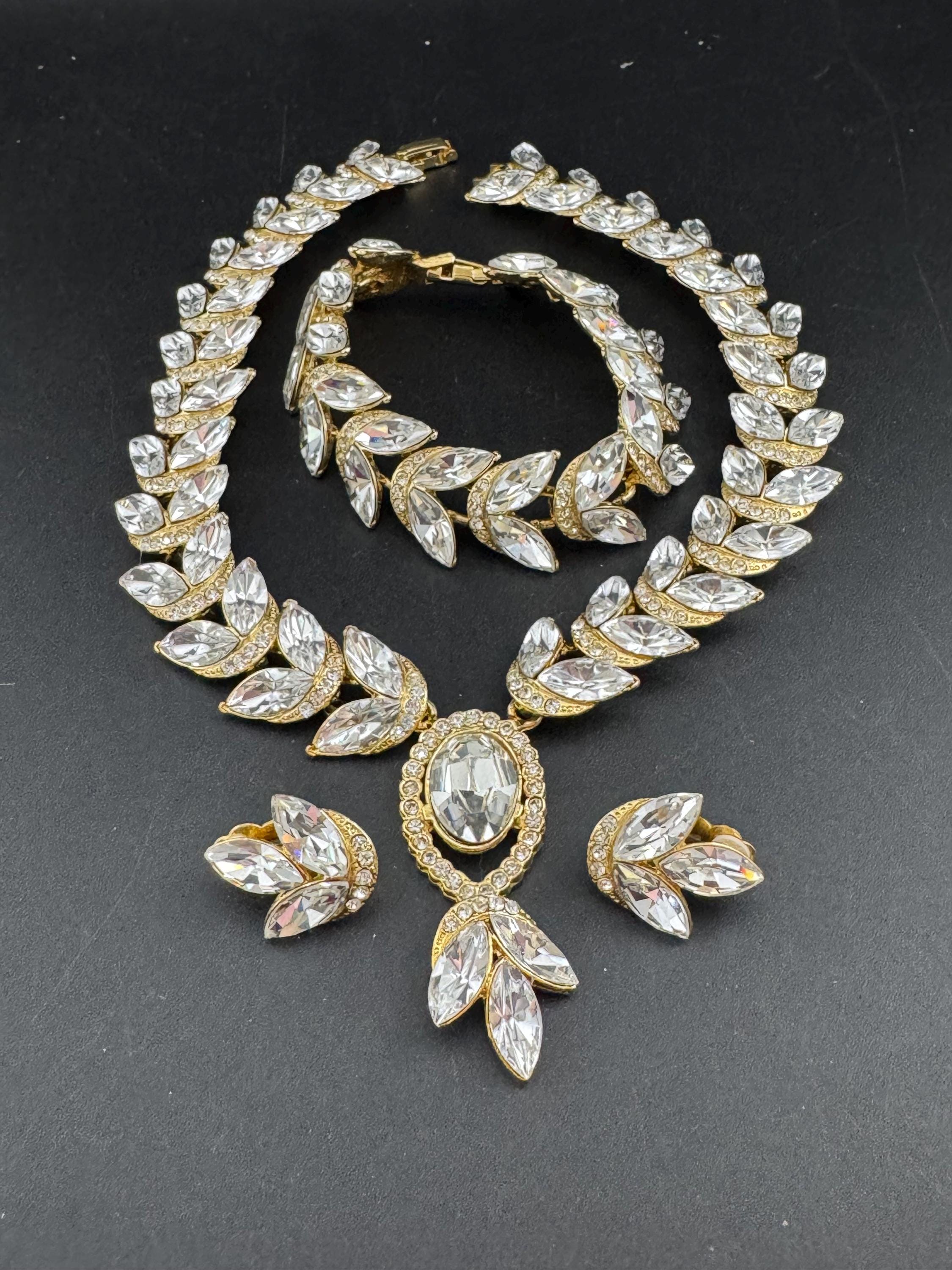 Vintage Emerald Swarovski Crystal Jewellery Set, Gold Plated Necklace, Bracelet, Earrings