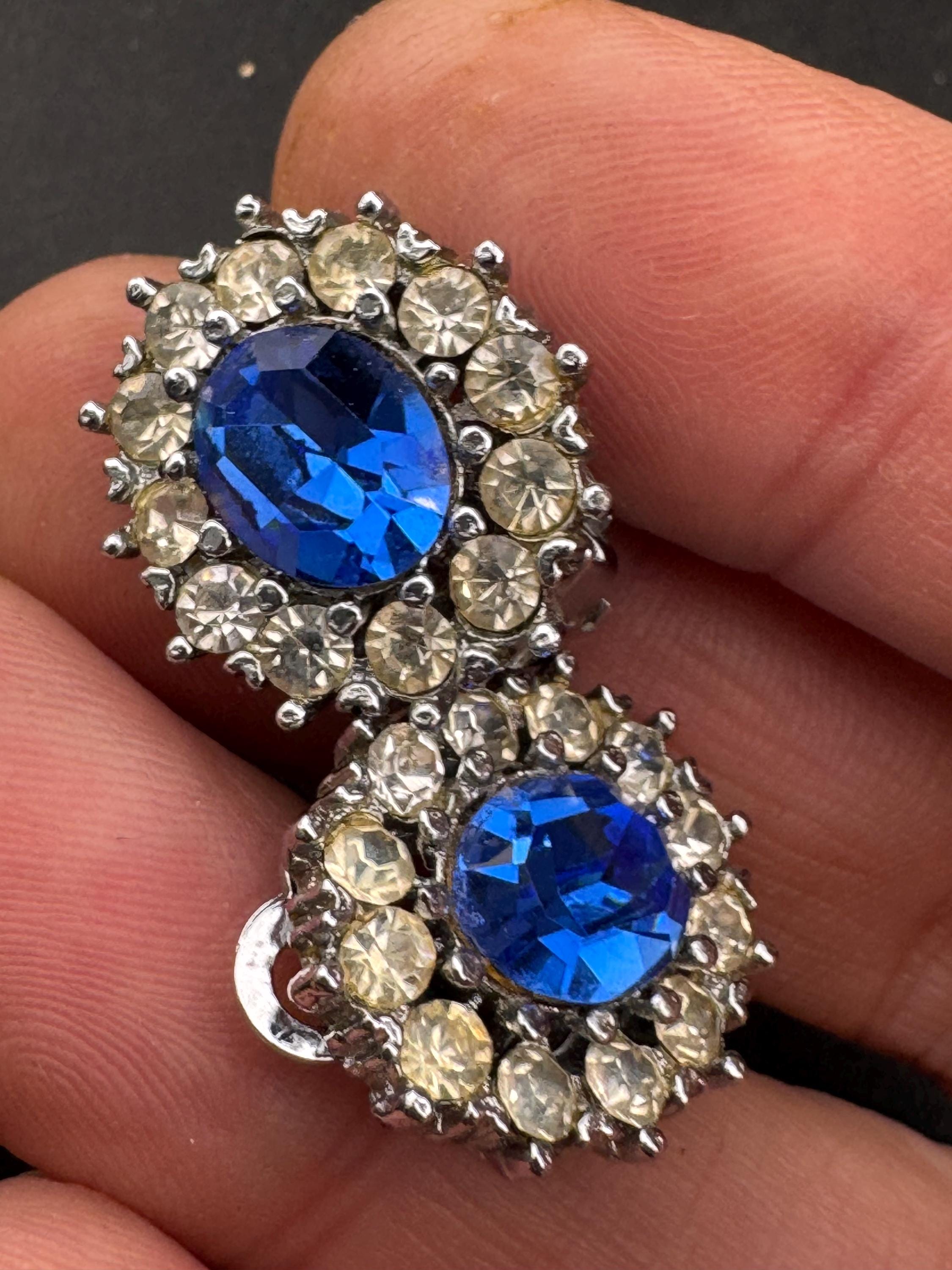Vintage blue sapphire and clear glass diamanté clip on earrings, silver tone