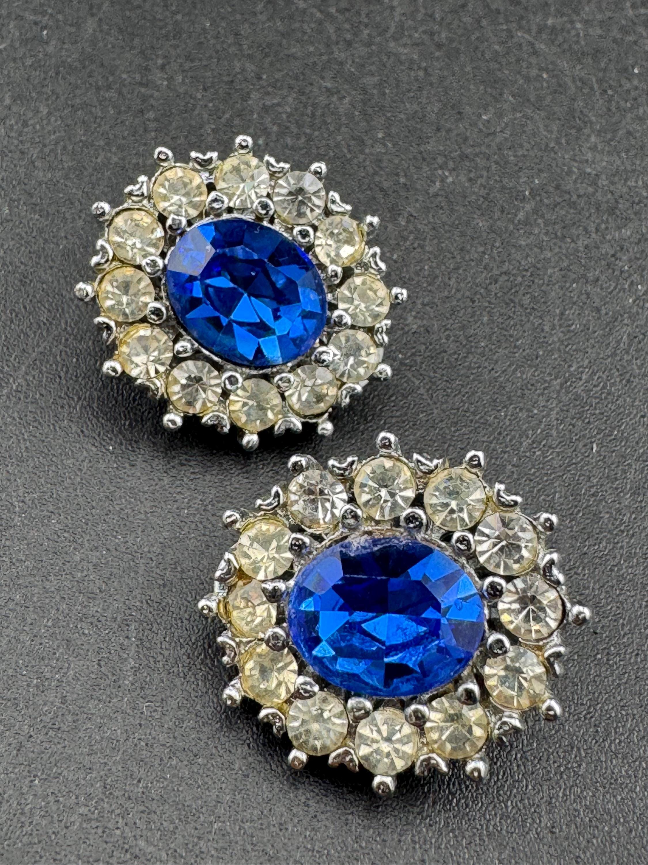 Vintage blue sapphire and clear glass diamanté clip on earrings, silver tone