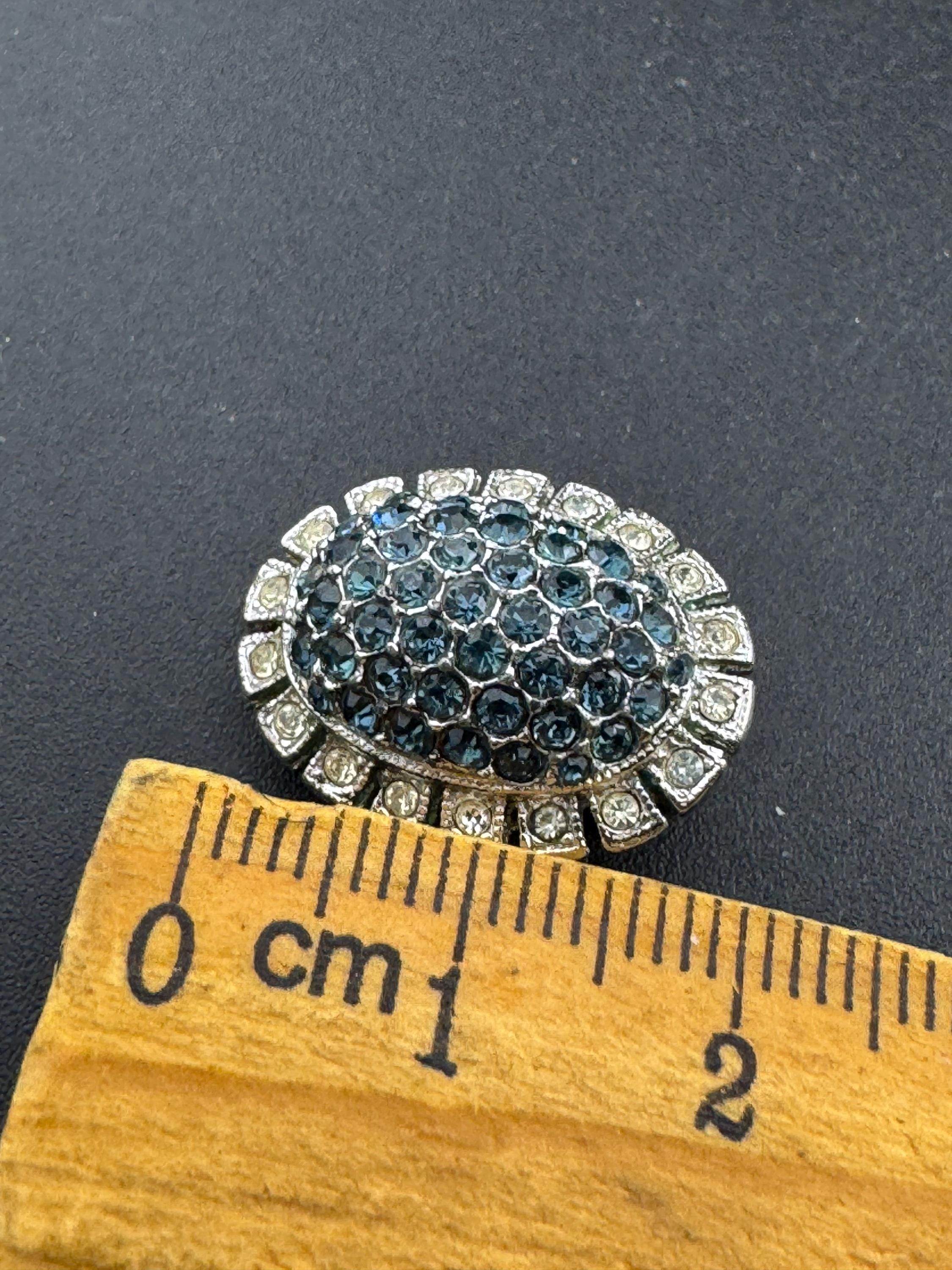 Vintage blue sapphire and clear glass diamanté oval clip on earrings, silver tone