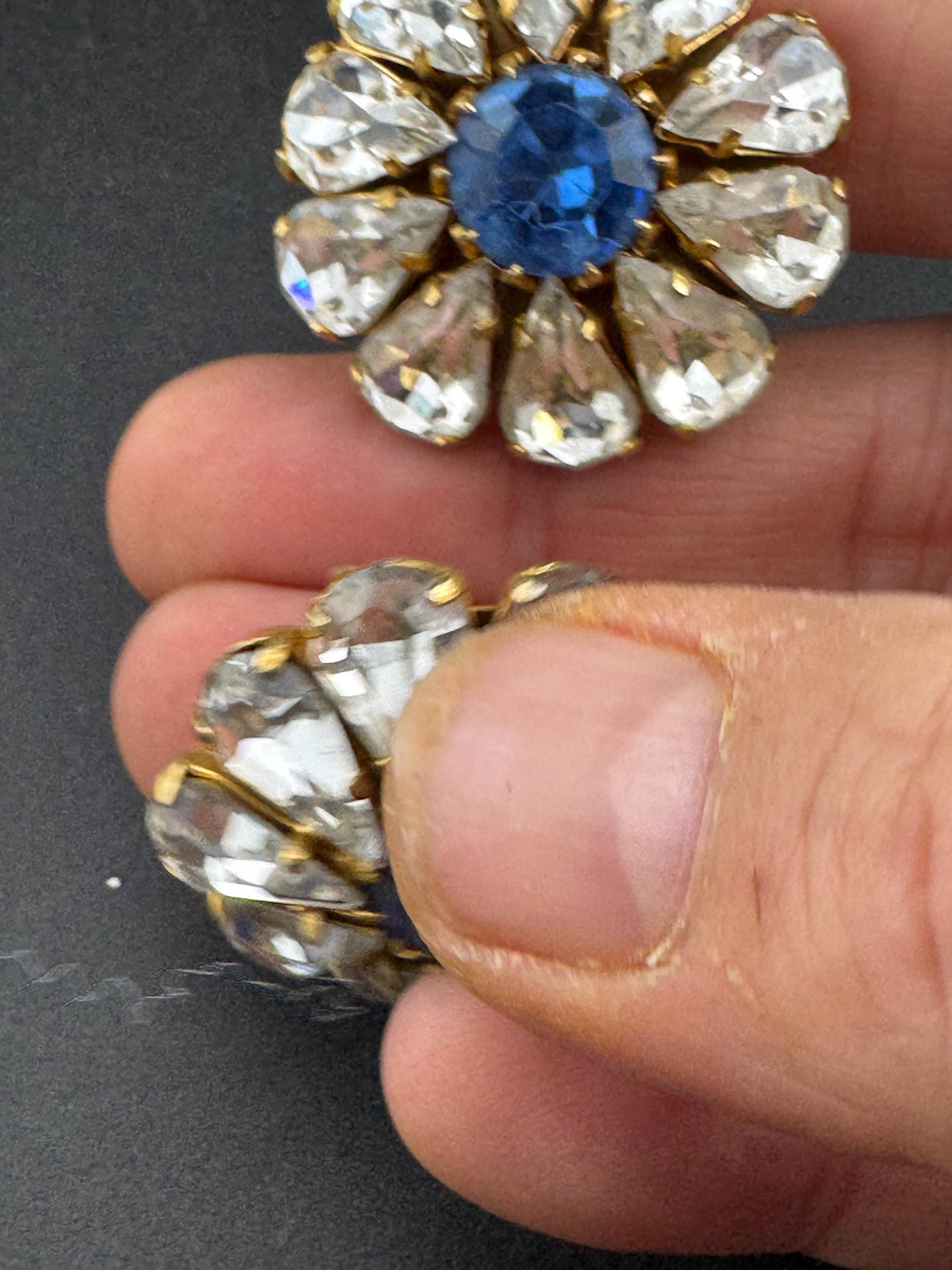 Vintage blue sapphire and clear glass diamanté clip on earrings, 1950s oversized