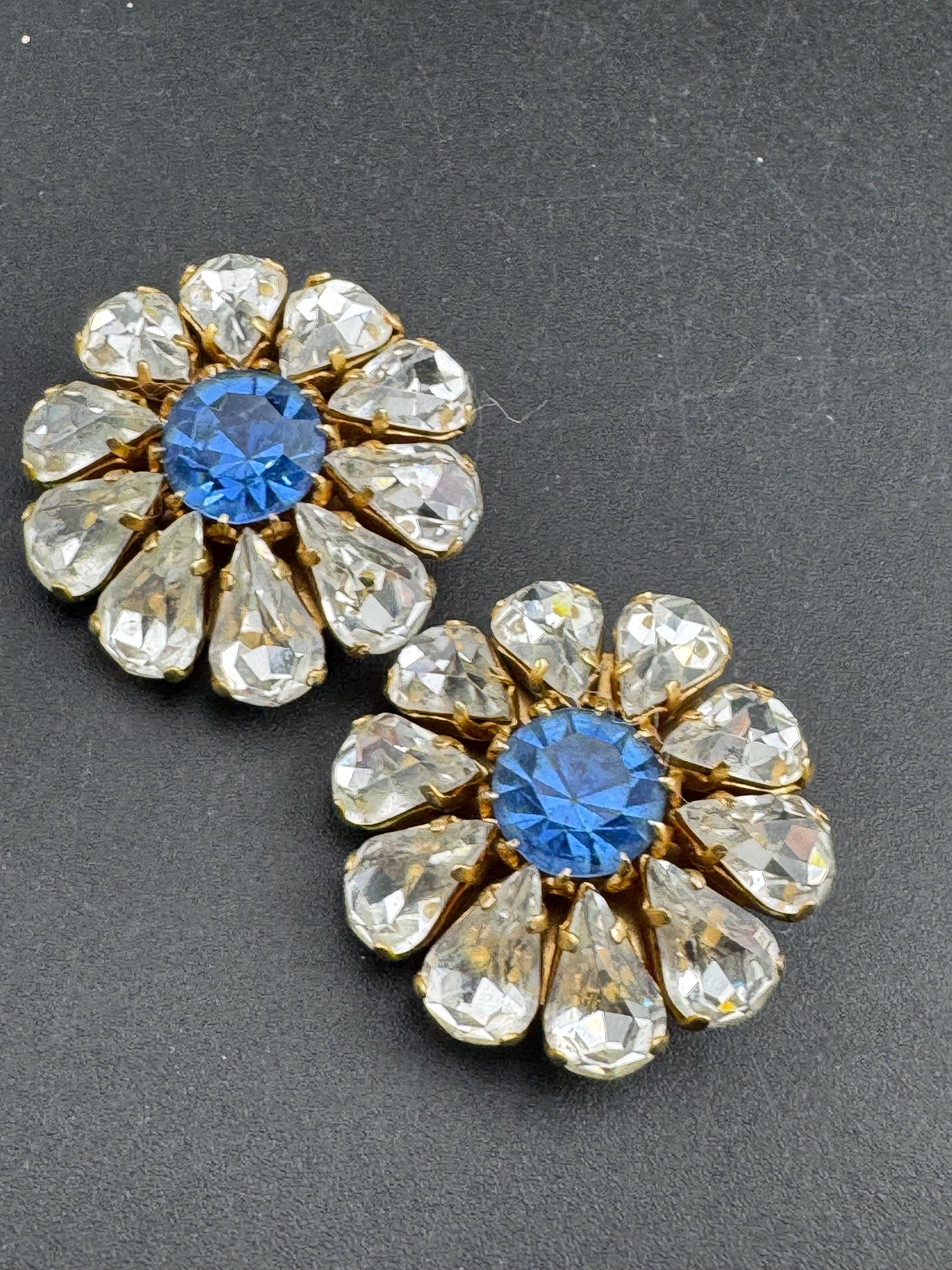 Vintage blue sapphire and clear glass diamanté clip on earrings, 1950s oversized
