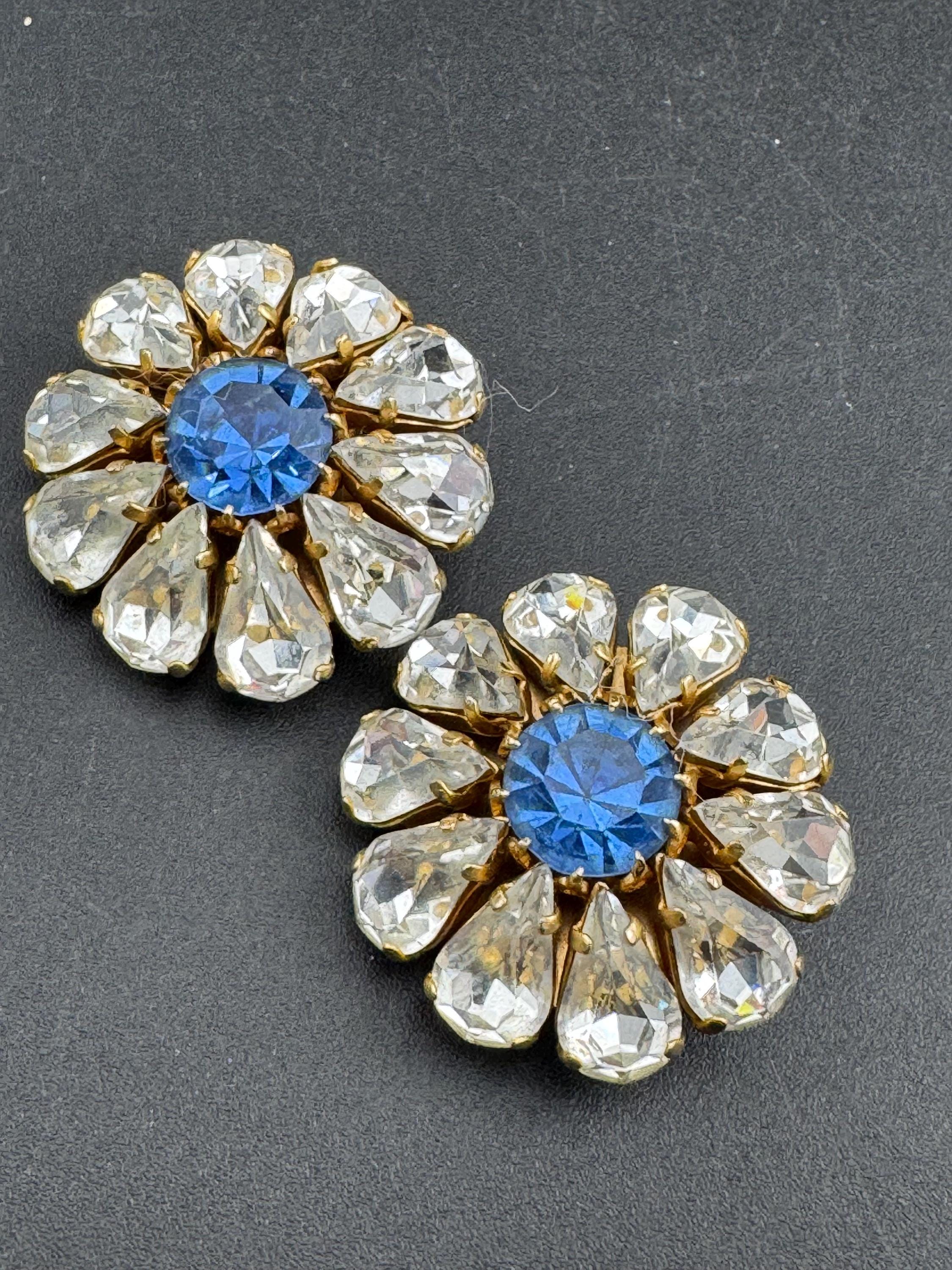 Vintage blue sapphire and clear glass diamanté clip on earrings, 1950s oversized