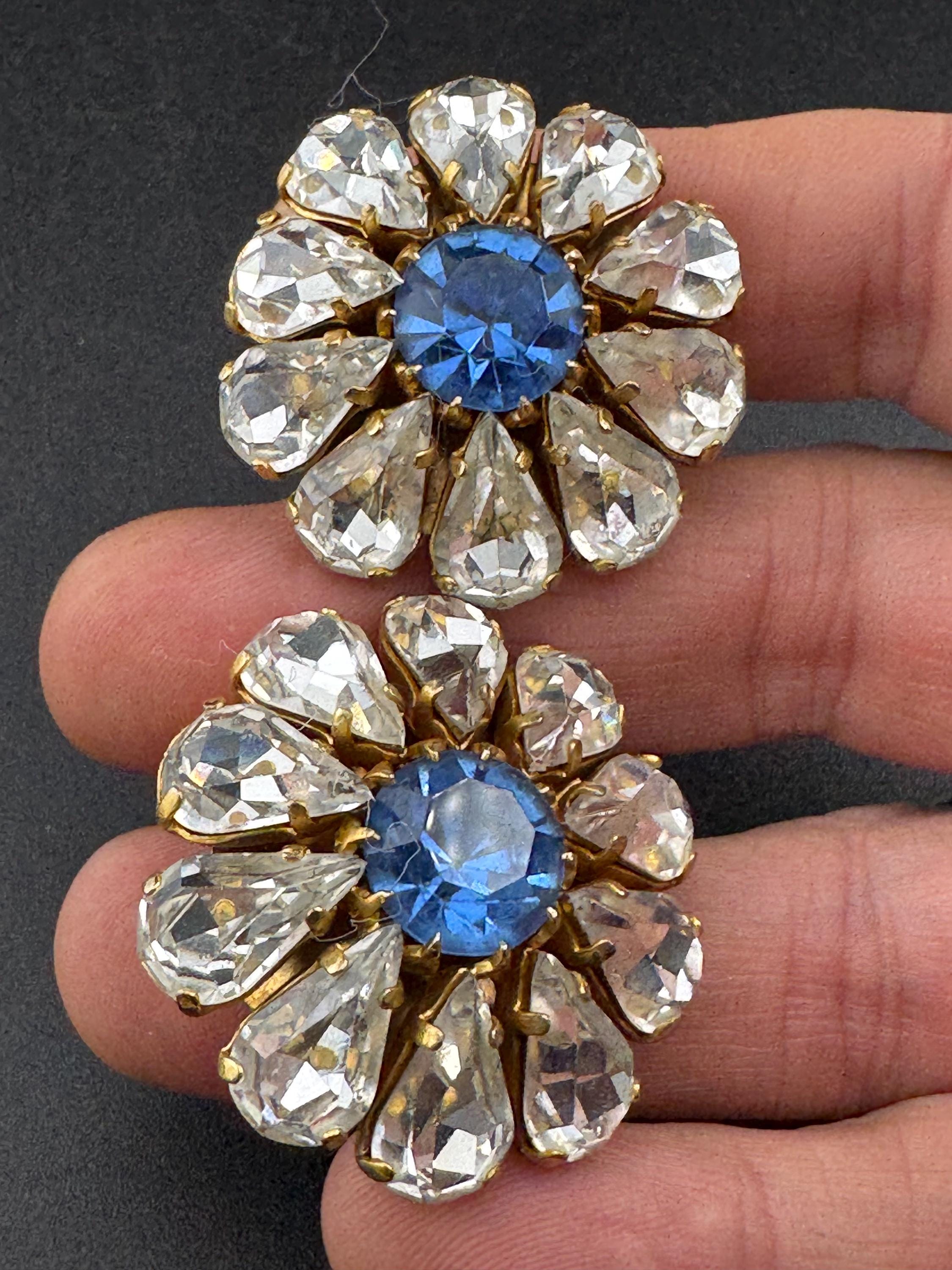Vintage blue sapphire and clear glass diamanté clip on earrings, 1950s oversized