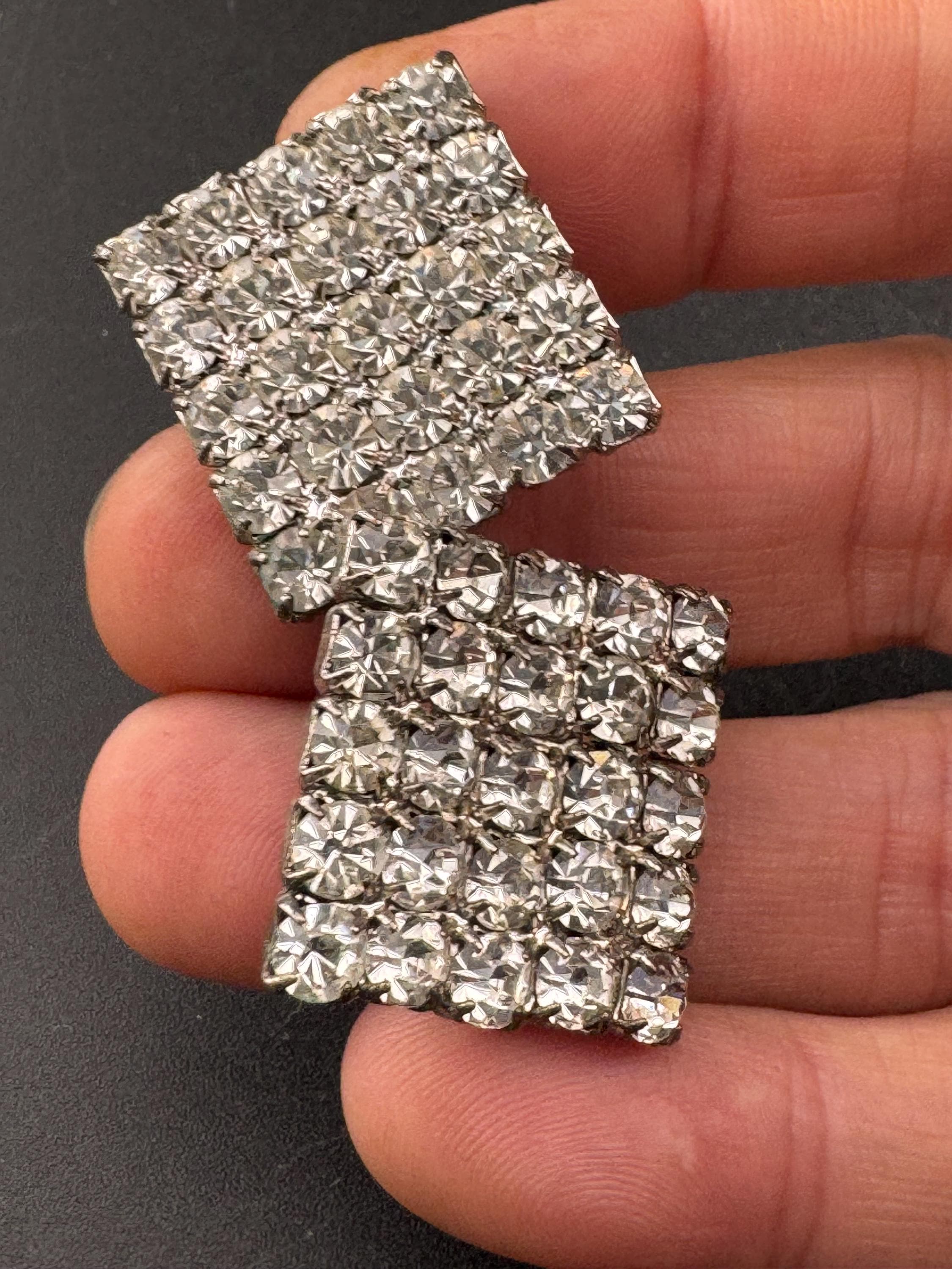 vintage square clear diamanté clip on earrings, 1980s 2cm silver tone