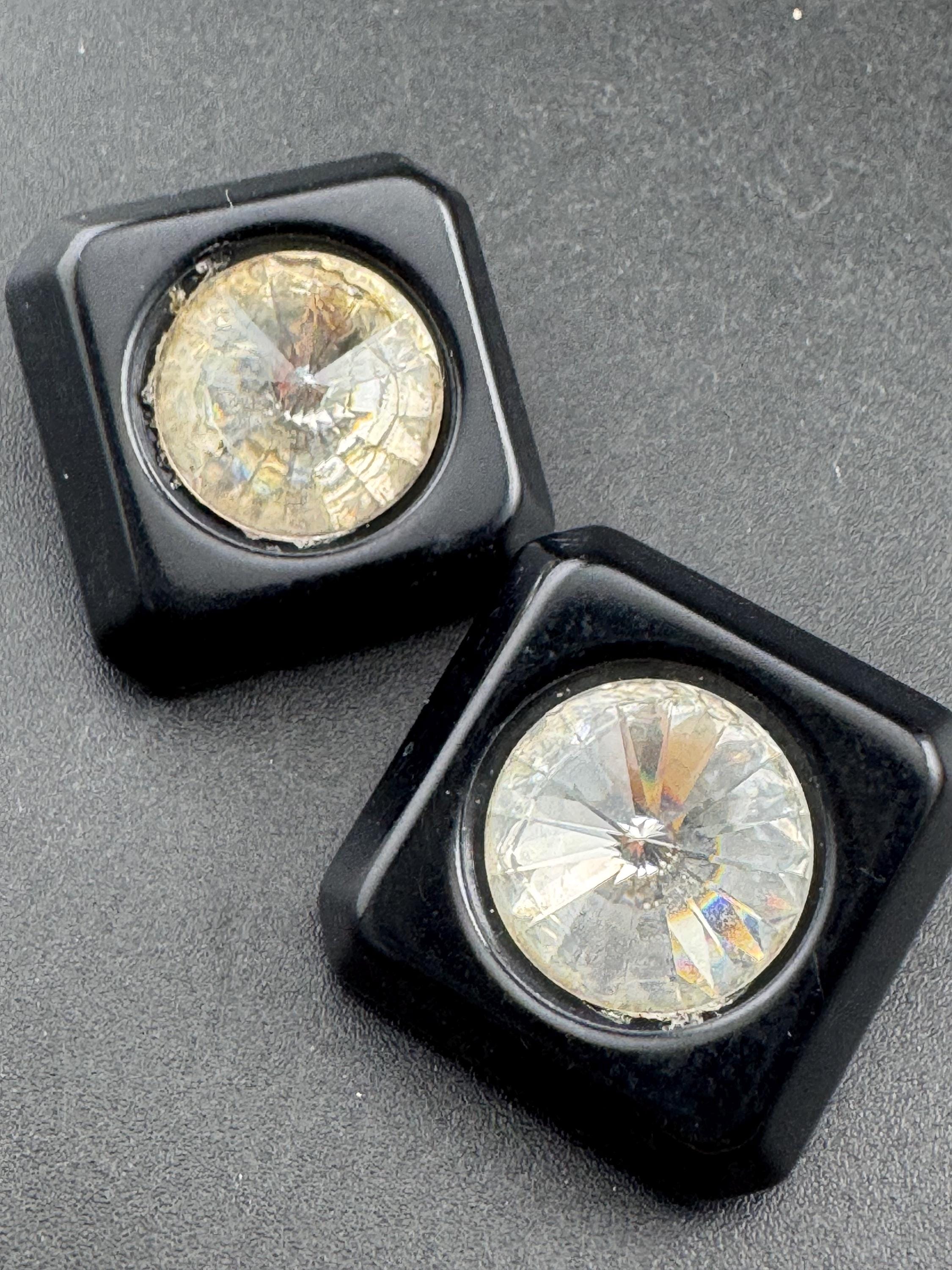 vintage square black acrylic Rivoli crystal diamanté clip on earrings, clear rhinestones