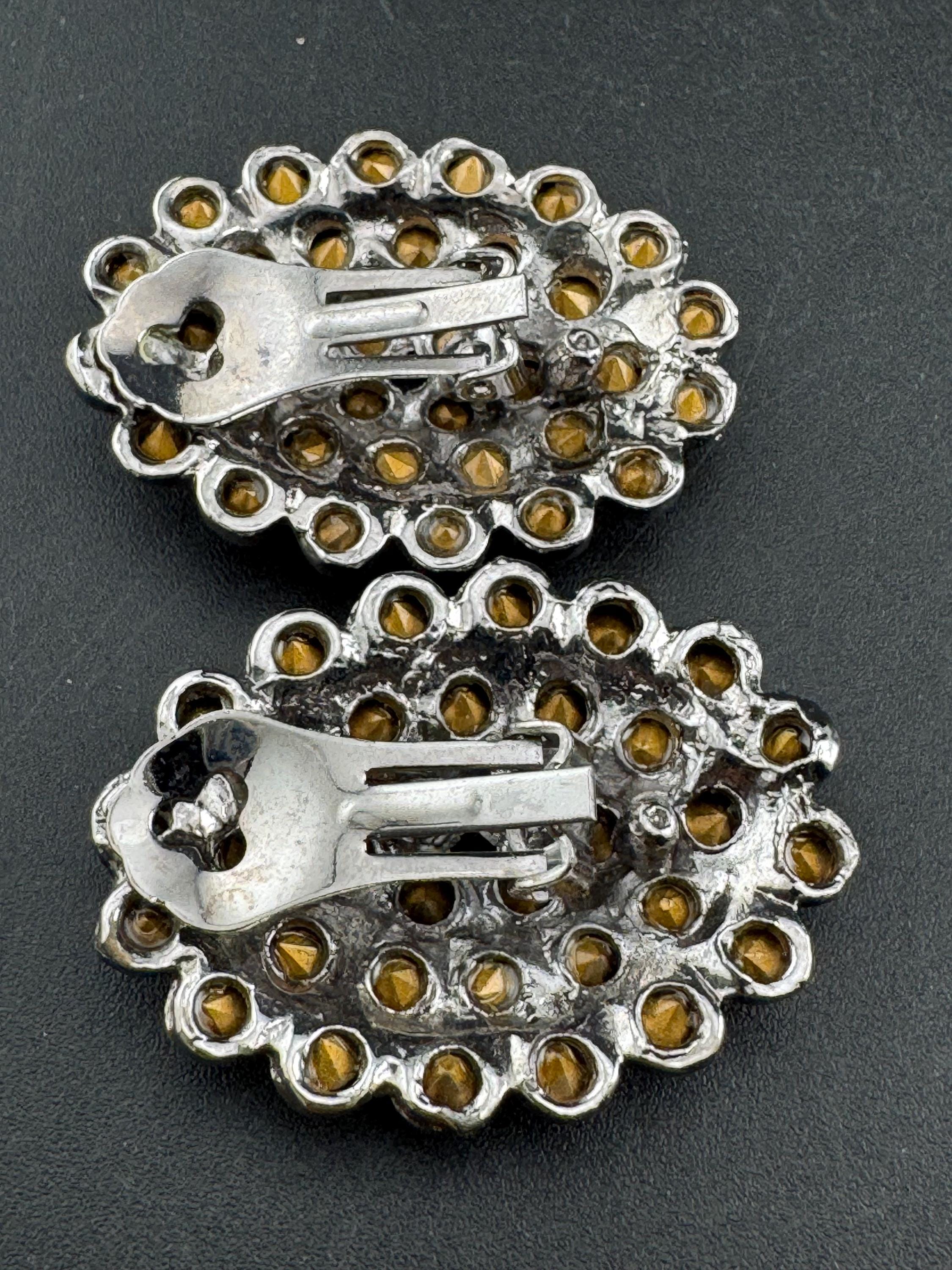 vintage oversized clear diamanté oval earrings, 1980s silver tone