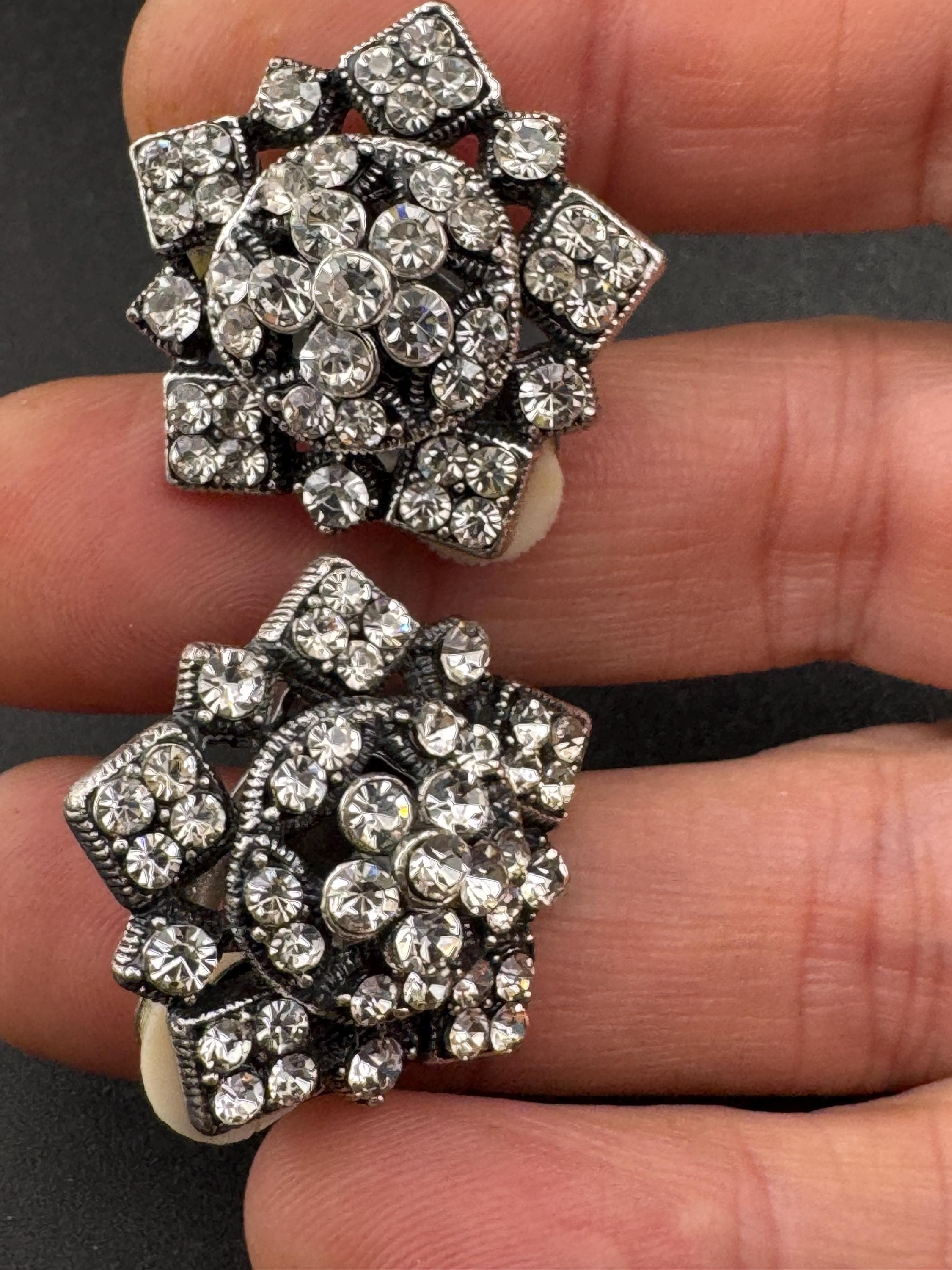 oversized vintage clear crystal Rhinestone star Clip On Earrings, dark silver tone studs