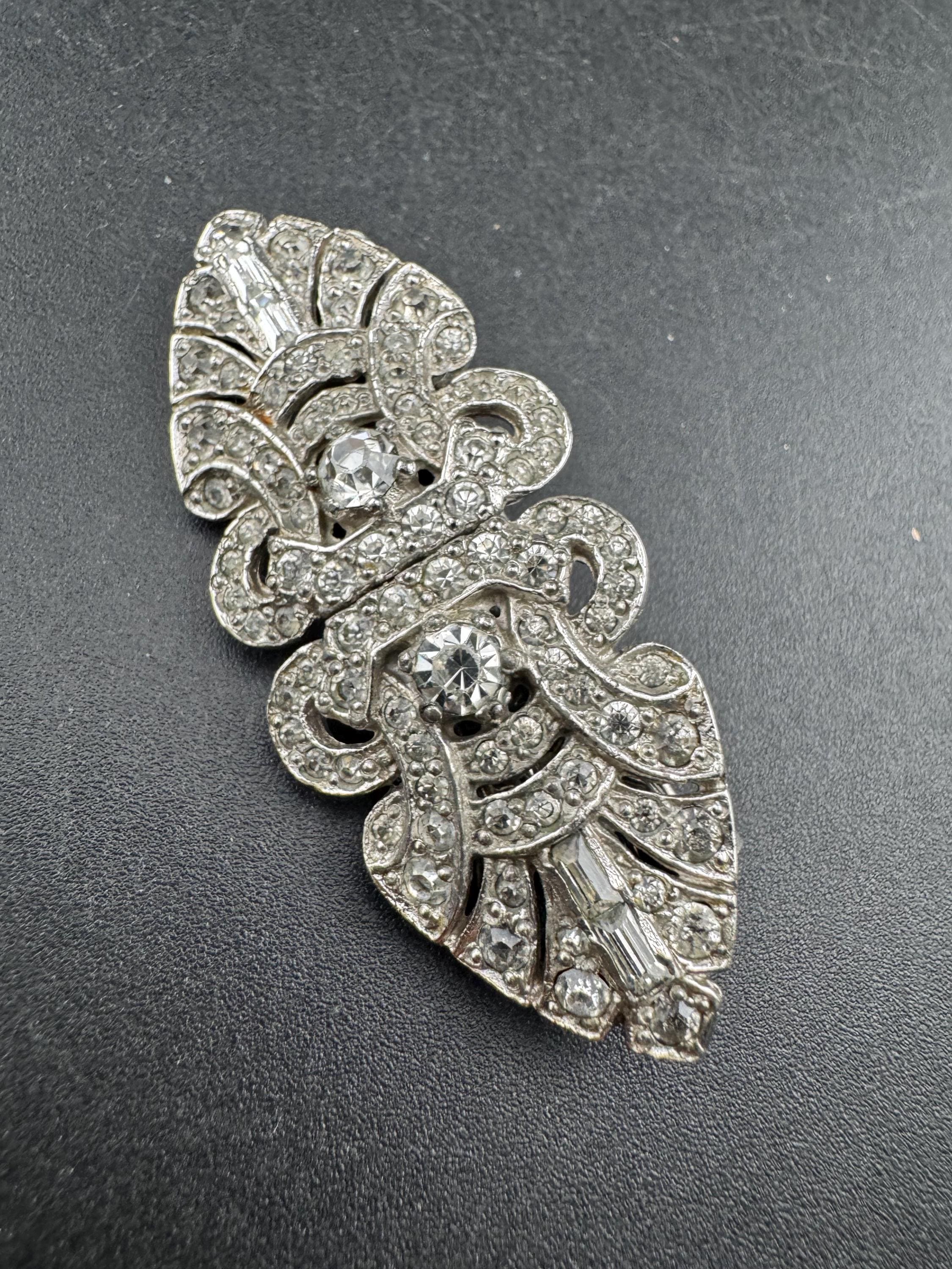 Art deco duette dress clip combination diamante brooch, silver tone