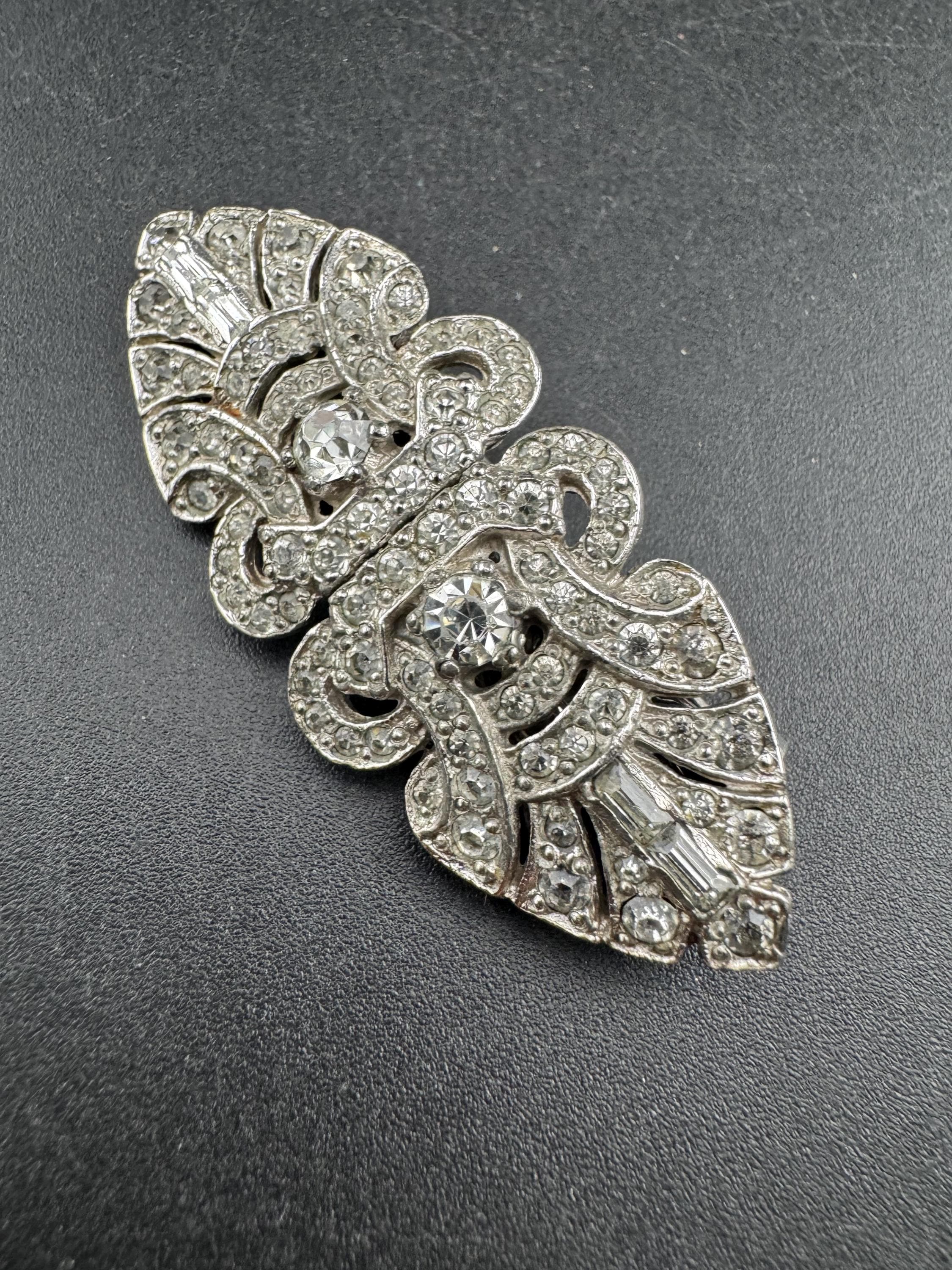 Art deco duette dress clip combination diamante brooch, silver tone