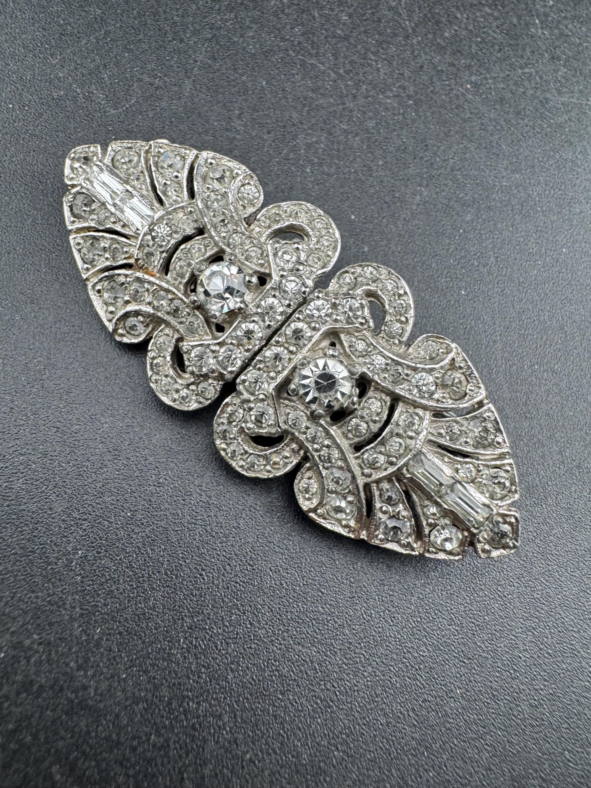 Art deco duette dress clip combination diamante brooch, silver tone