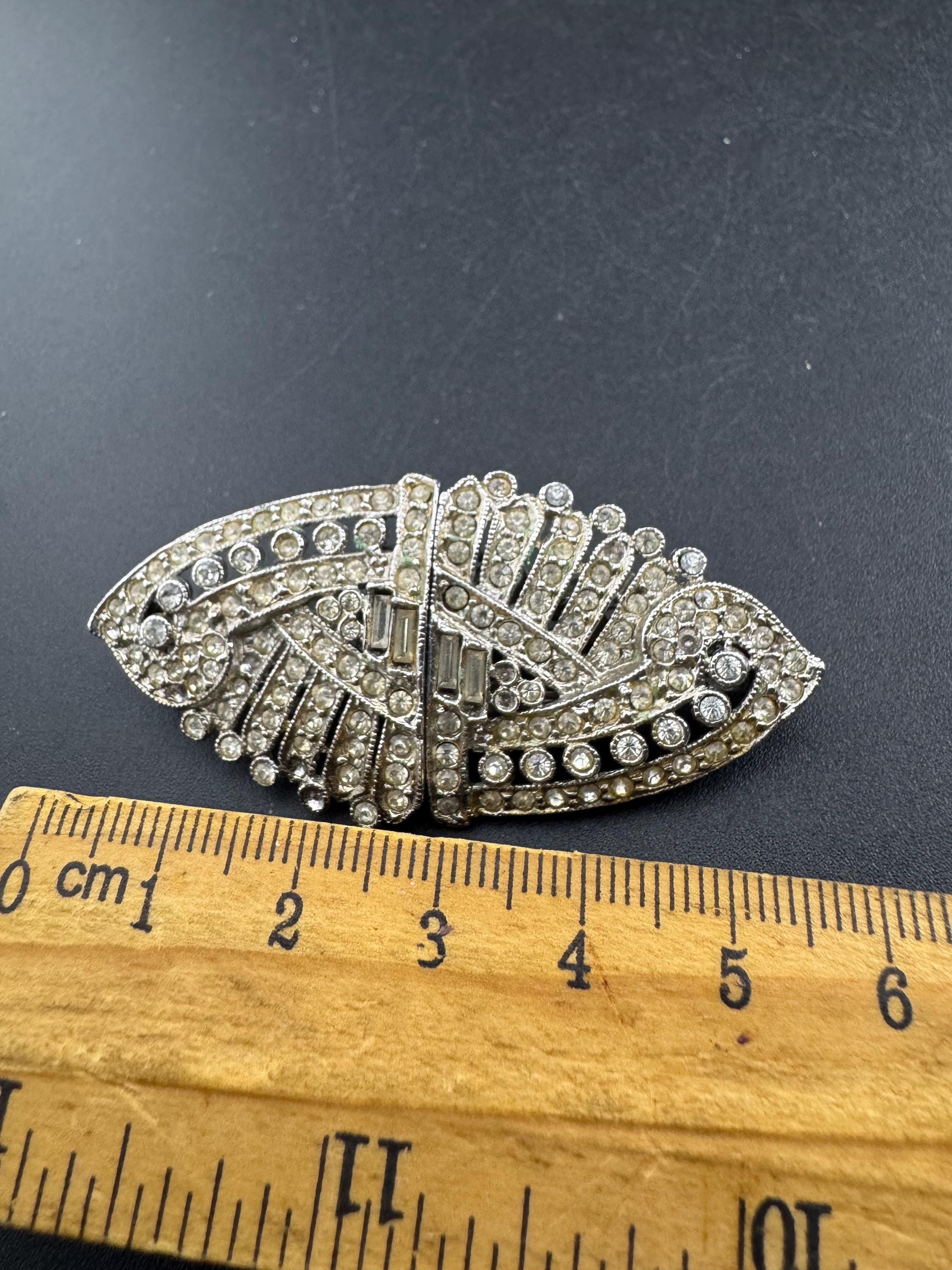 Duette pair of Dress Clips Combination Brooch Marcasite Silver chrome metal Art Deco