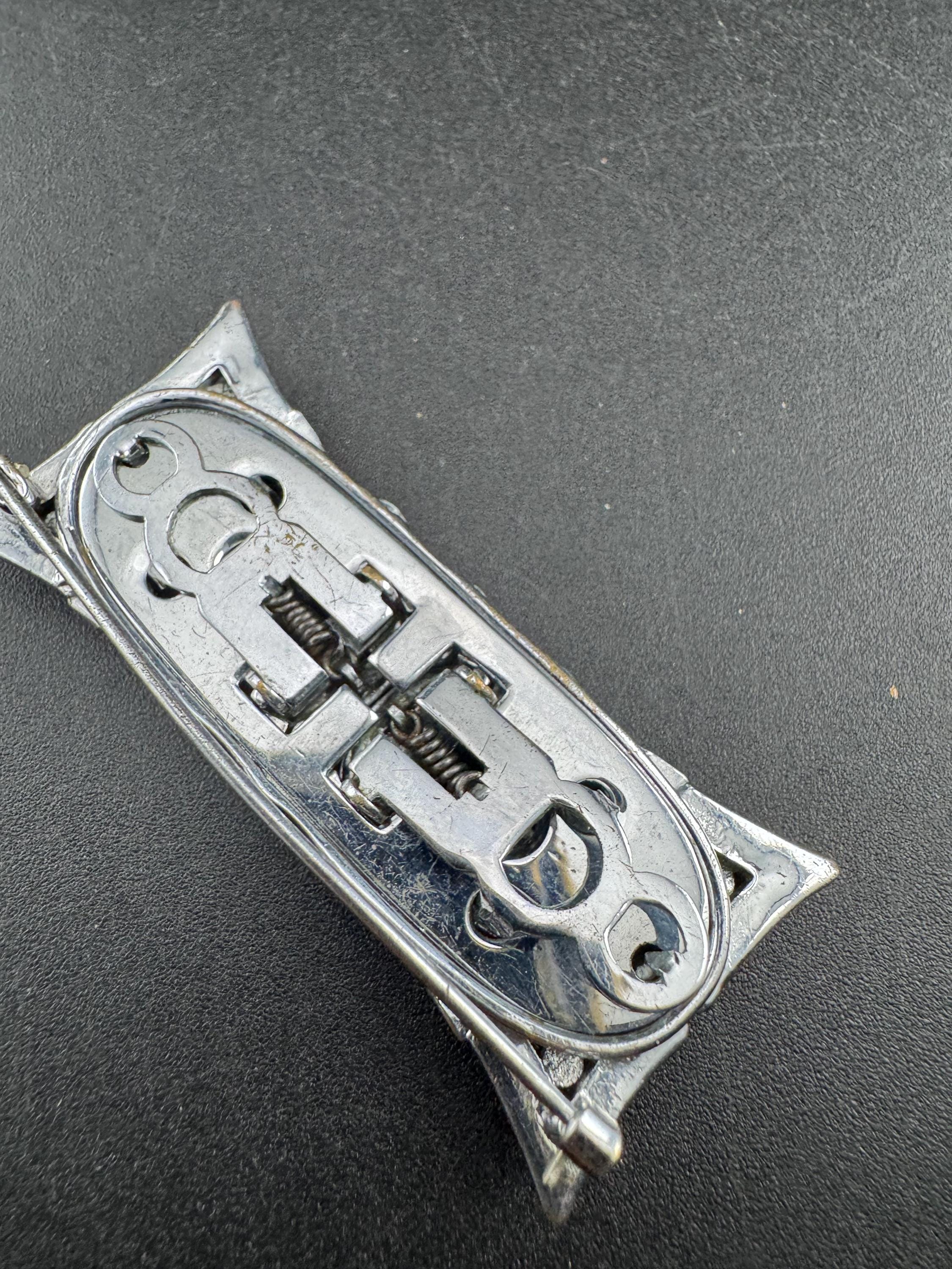 Art deco duette dress clip combination diamante brooch, silver tone geometric as found