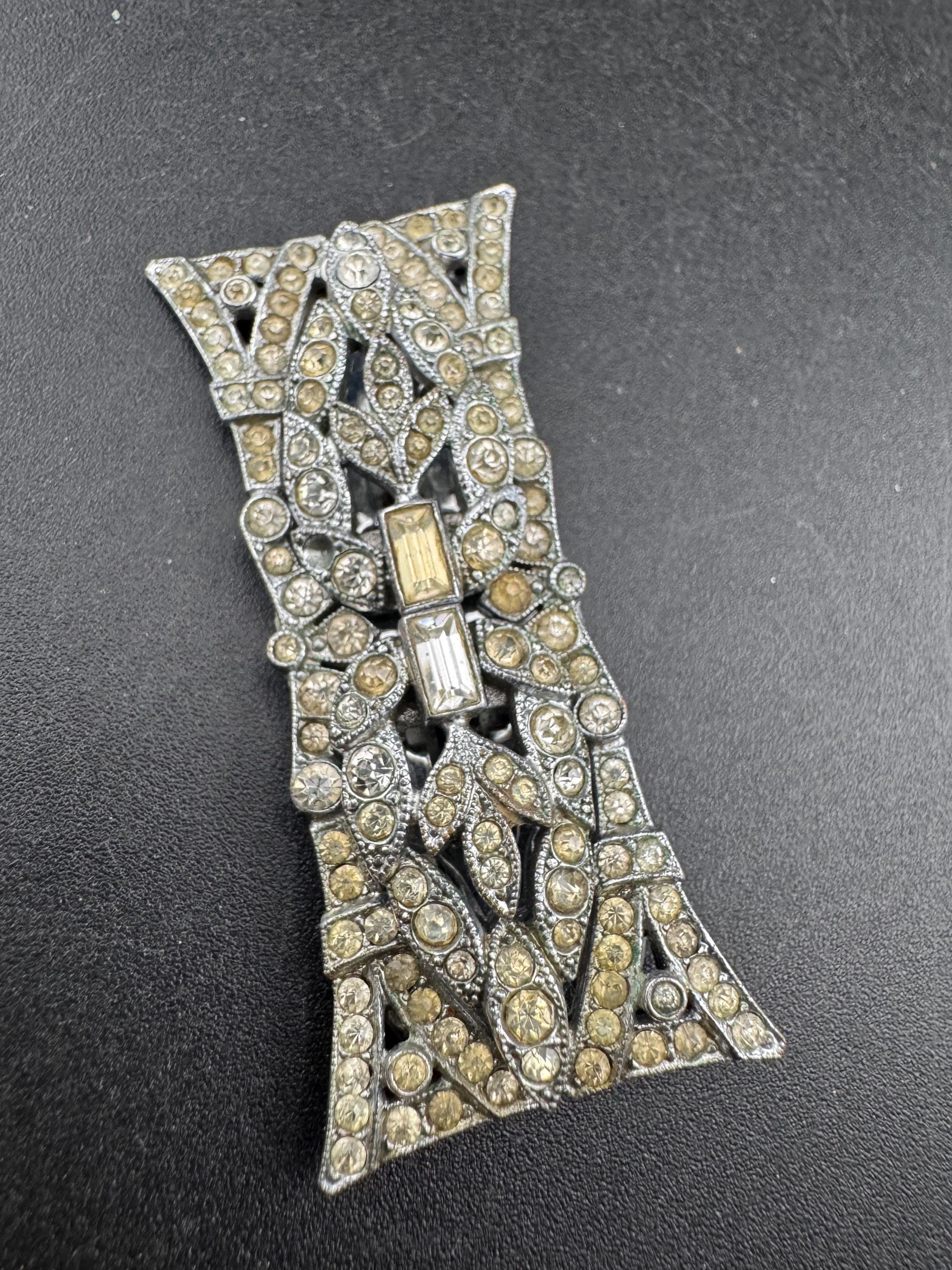 Art deco duette dress clip combination diamante brooch, silver tone geometric as found