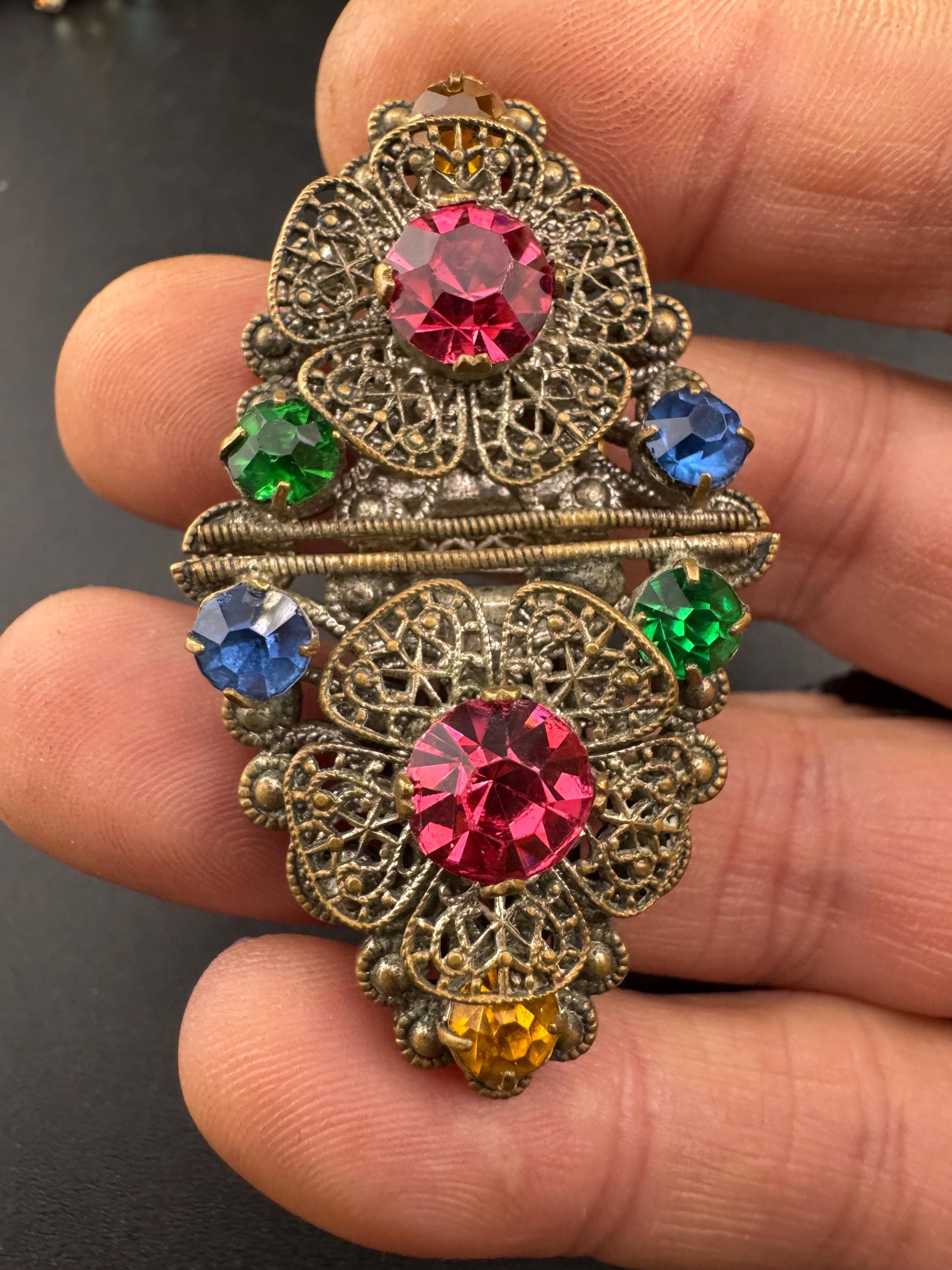 Pair of dress Clips Combination Brooch, rainbow paste Czech brass fittings